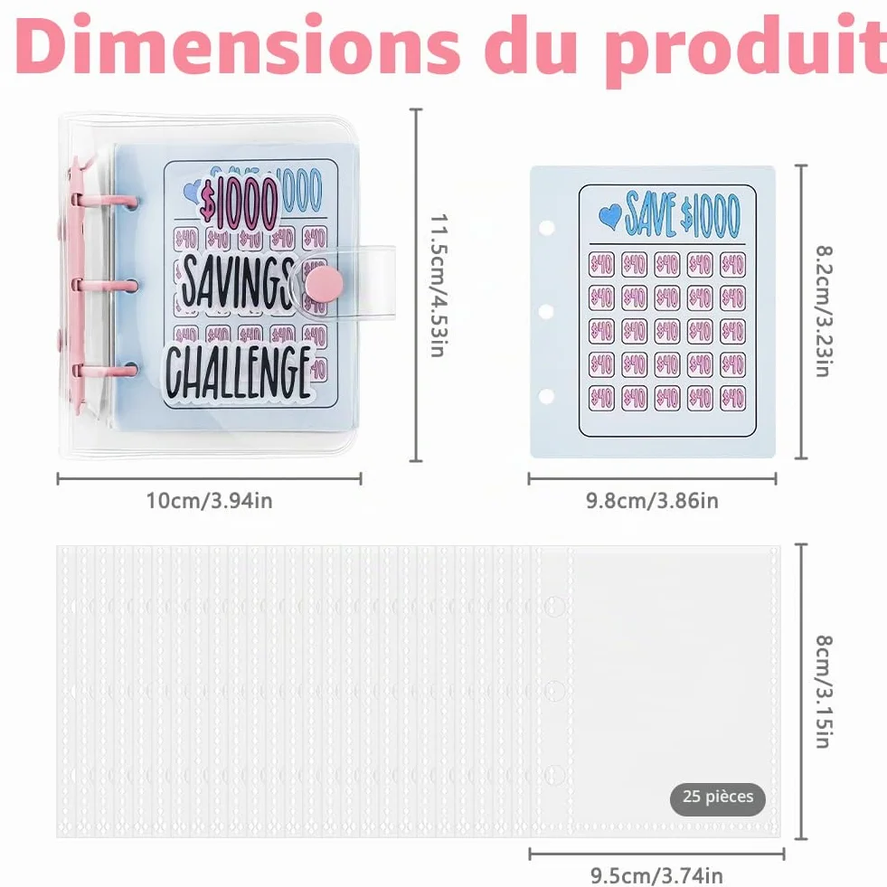 OFFCUP Mini Classeur Défi Épargne 25 Enveloppes Portefeuille Économiseur Argent 1000 $ Rose