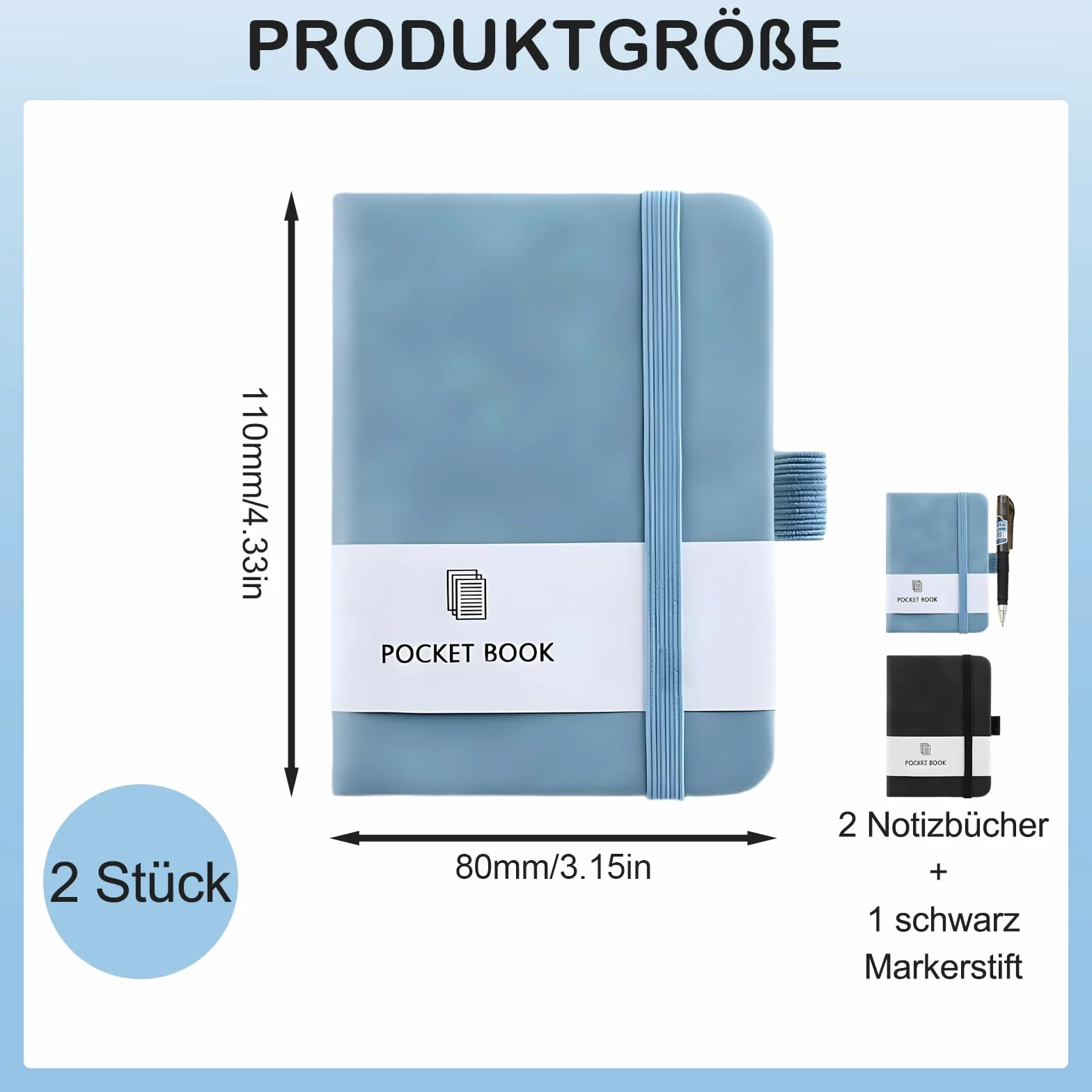 Carnets de notes A7 200 pages Lot de 2 Porte-stylo noir/bleu