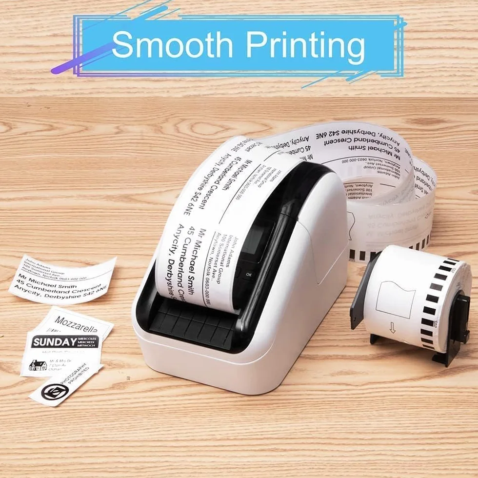 Brother QL-500 QL-600 QL-700 QL-800 QL-810W QL-820NWB 62 mm x 30,48 m Lot de 10 étiquettes autocollantes noir sur blanc