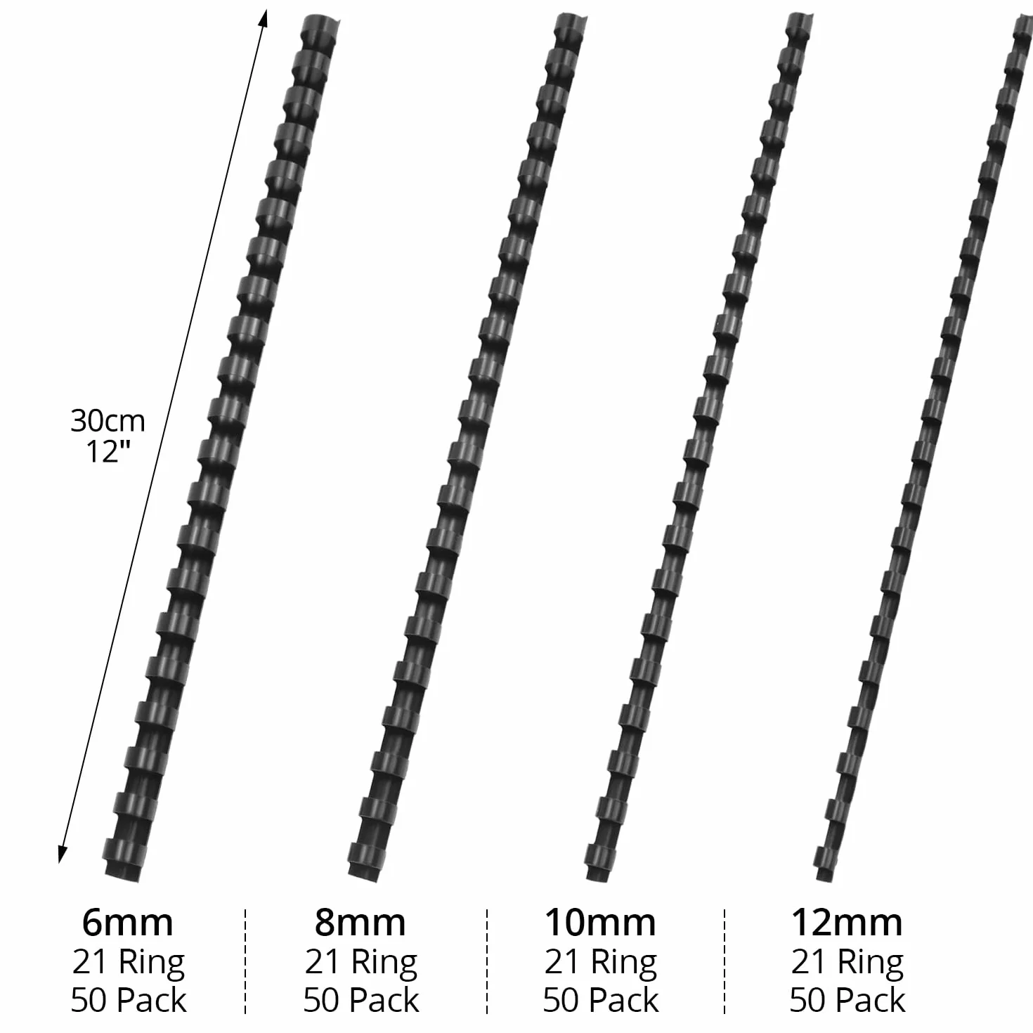 QWORK Pack de 200 Peignes de Reliure A4, 21 Anneaux, Tailles 6/8/10/12 mm, 20-80 Feuilles