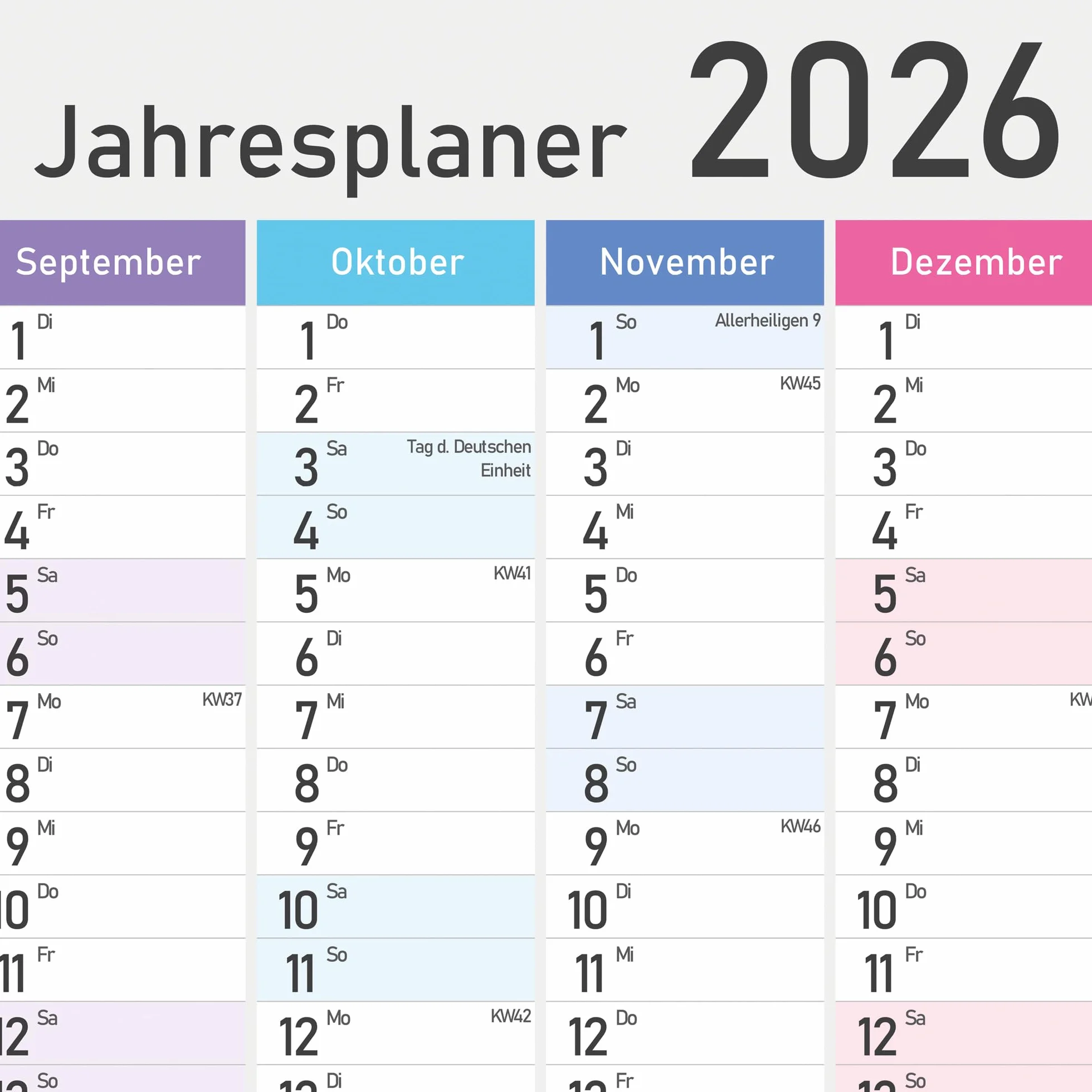 Calendrier annuel XXL 2026 A1 84x59 cm mural planificateur avec semaines et jours fériés