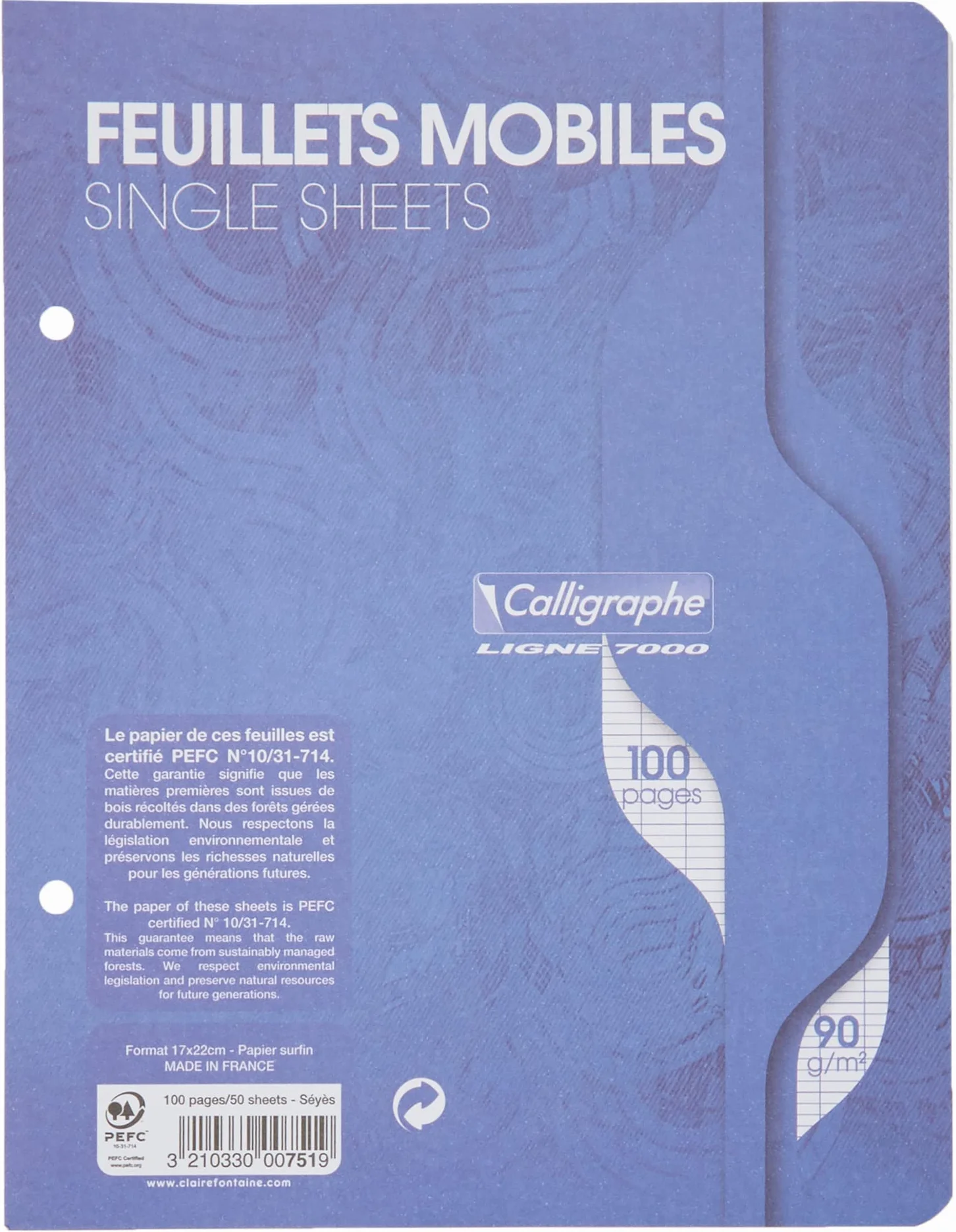 Clairefontaine Calligraphe 751C Feuillets Mobiles Perforés 17x22 cm 100 Pages Grands Carreaux Papier 90 g