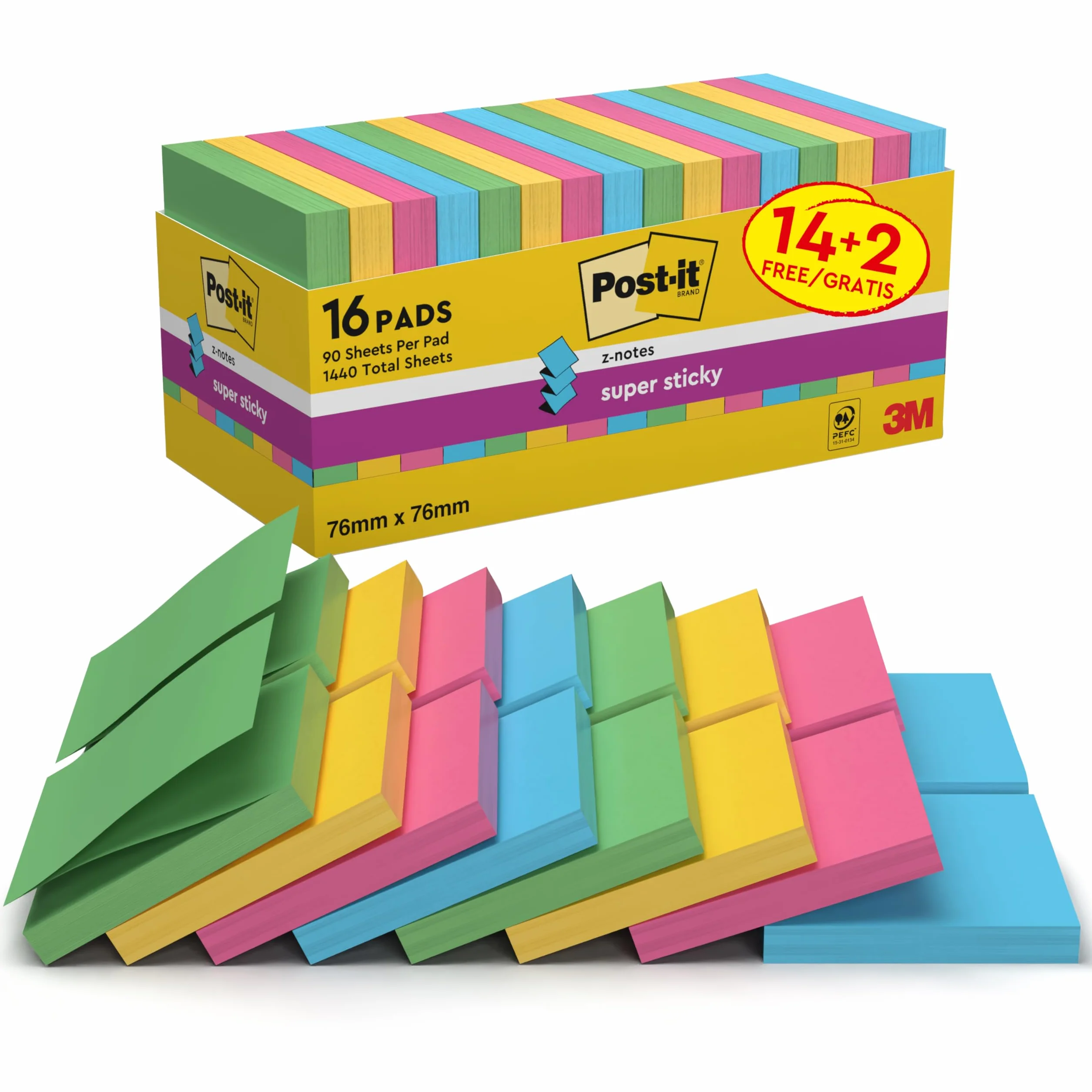 Post-it Z-Notes Autocollantes Super Sticky, 14 Blocs + 2 Gratuits, 76 mm x 76 mm, 90 Feuilles par Bloc