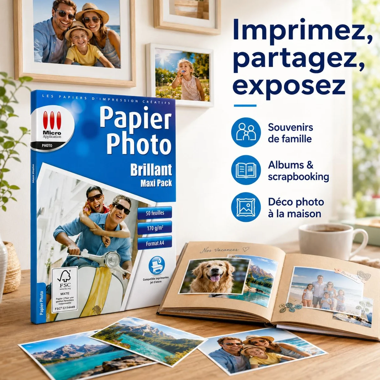 Papier Photo Brillant A4 170 g/m² Maxi Pack 50 Feuilles Séchage Rapide 9600 dpi Compatible Jet d'Encre