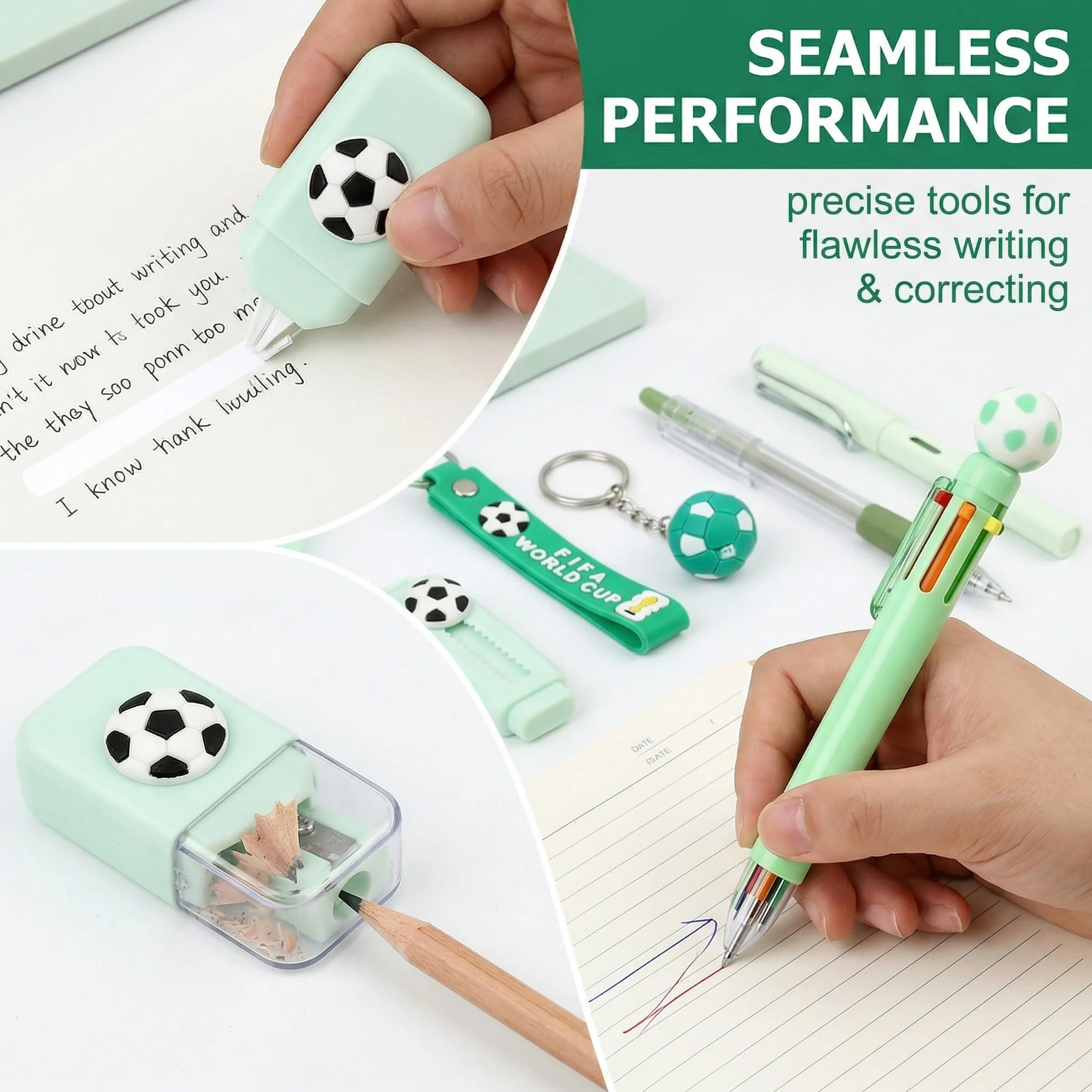 Set de papeterie thème foot 6 pièces avec stylo crayon gomme correcteur porte-clés cadeau enfant