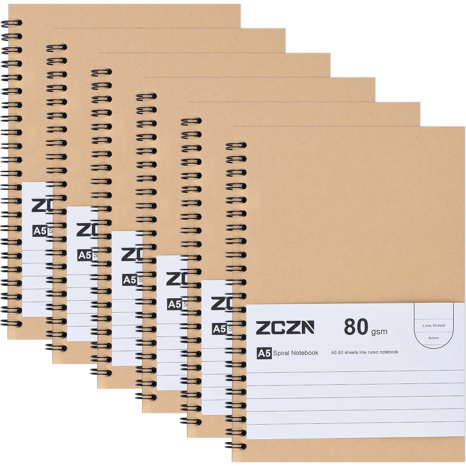 Cahier à Spirale Kraft 60 Feuillets Lot de 6 Blocs, 80 g/m², 120 Pages Lignées