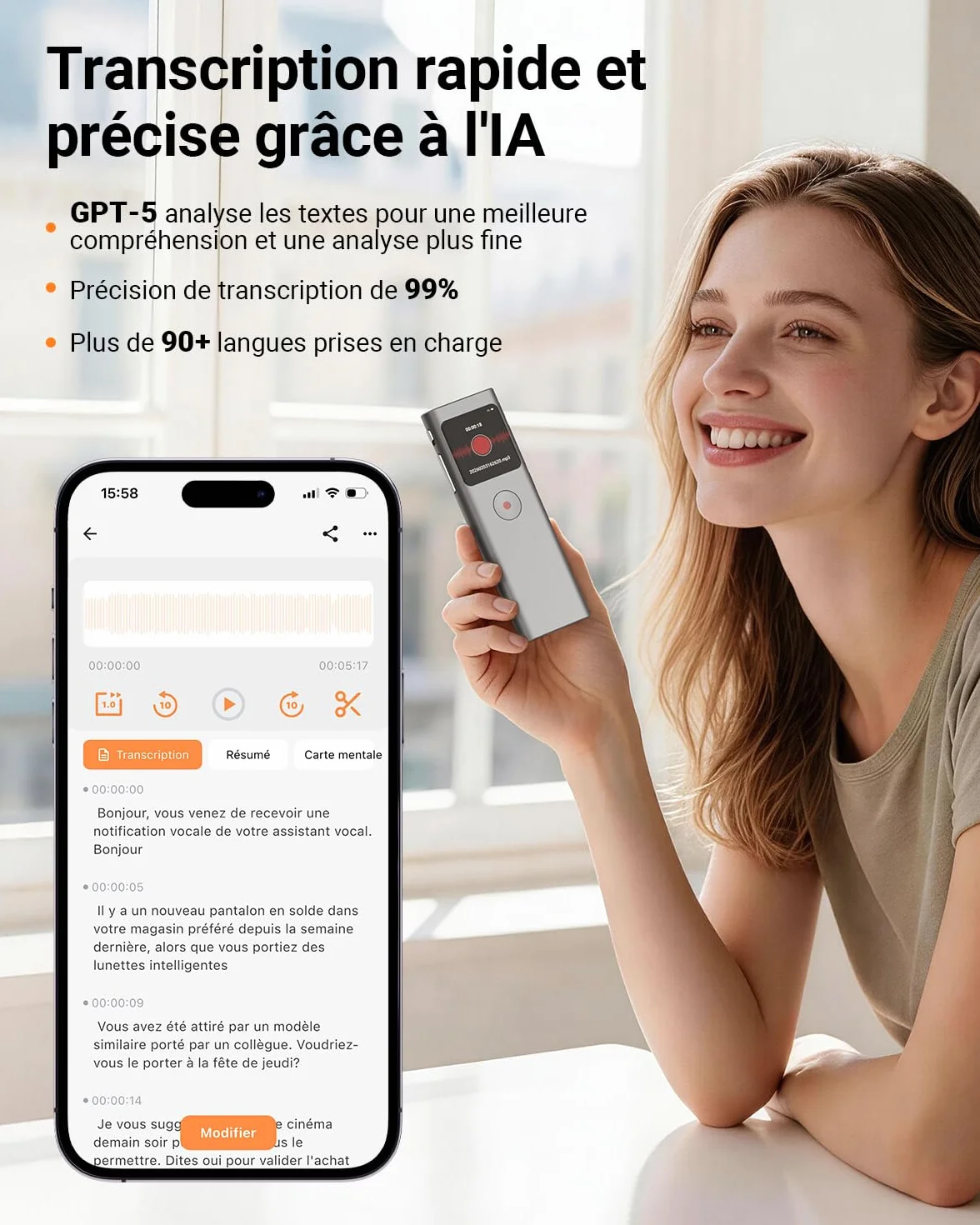 Enregistreur Vocal IA Dictaphone Numérique 64 Go Transcription Résumé 90+ Langues Enregistrement HD Réduction Bruit