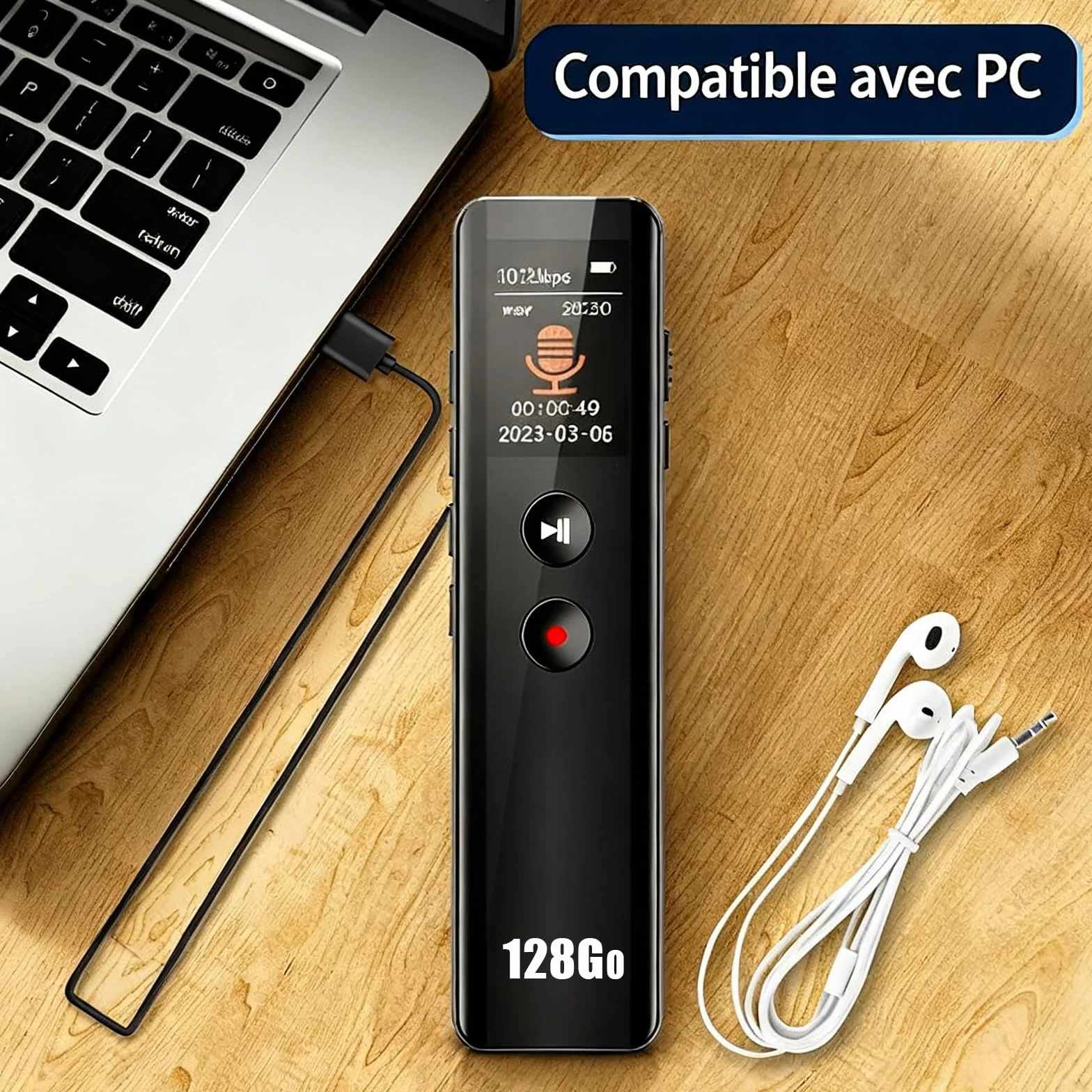 Enregistreur Vocal Numérique 128 Go Activation Vocale Enregistrement Une Touche 3072 Kbps