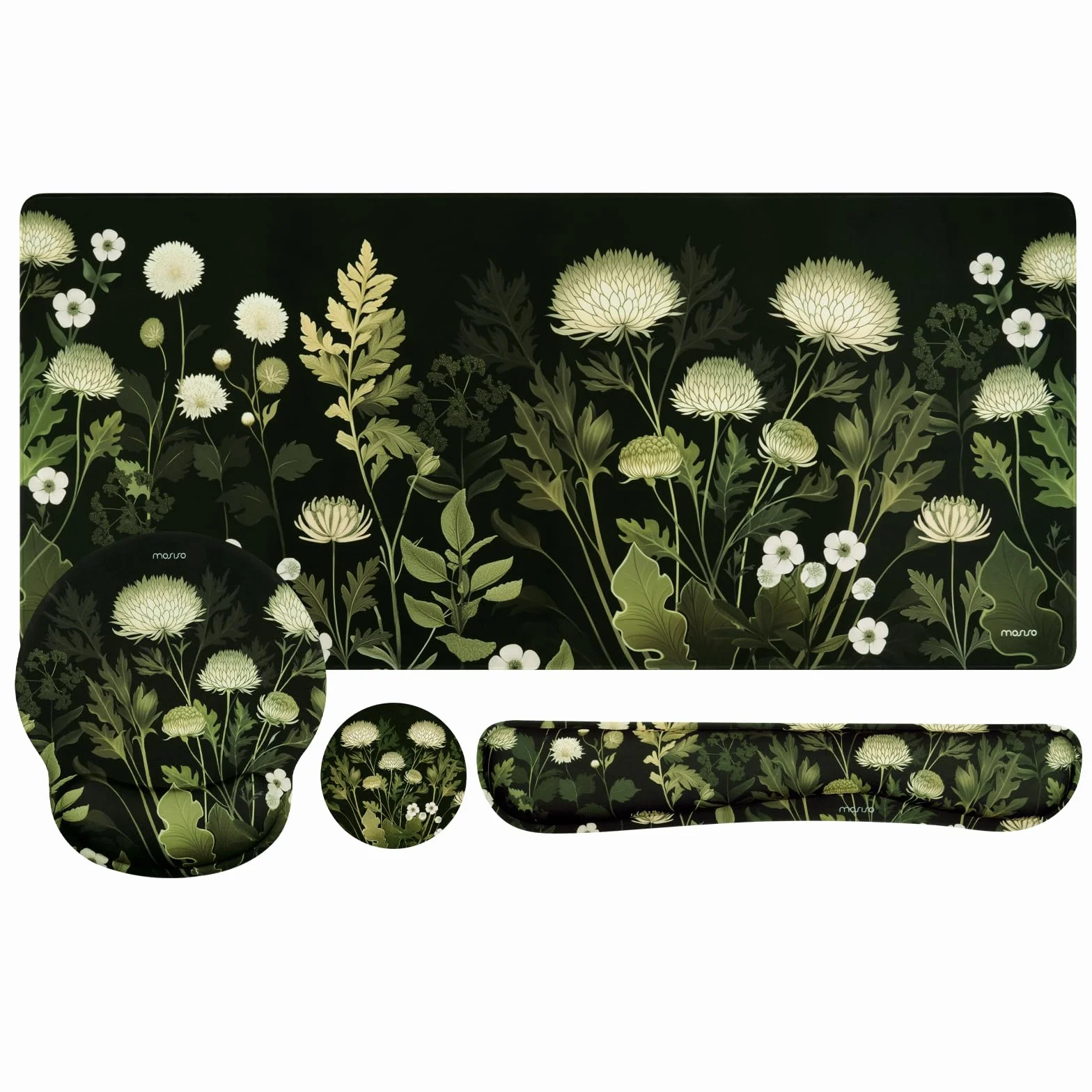 MOSISO Set Repose-poignet et Tapis de Souris Chrysanthème Sauvage Grand Format Ergonomique Antidérapant Mousse Mémoire Noir