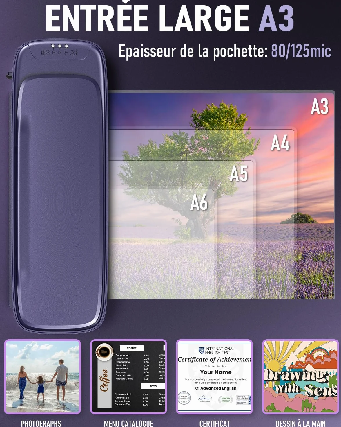 Plastifieuse A3 Thermique et Froid 9 en 1 avec 30 Pochettes, Massicot et Arrondisseur pour Bureau École