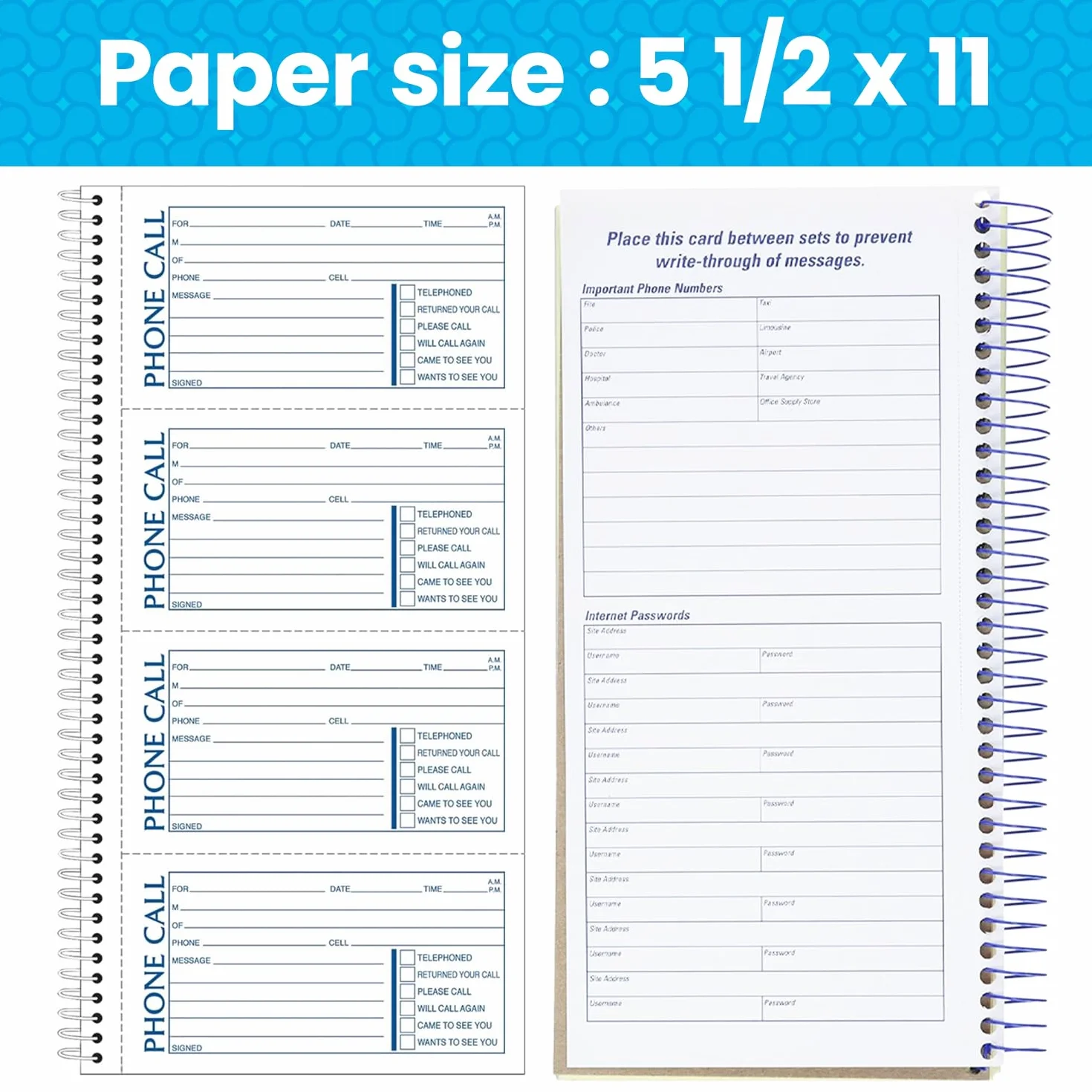 Adams Carnet de messages téléphoniques 13 x 28 cm Reliure spirale 2 parties Sans carbone 4 messages par page 400 ensembles Lot de 2 Blanc et Canari