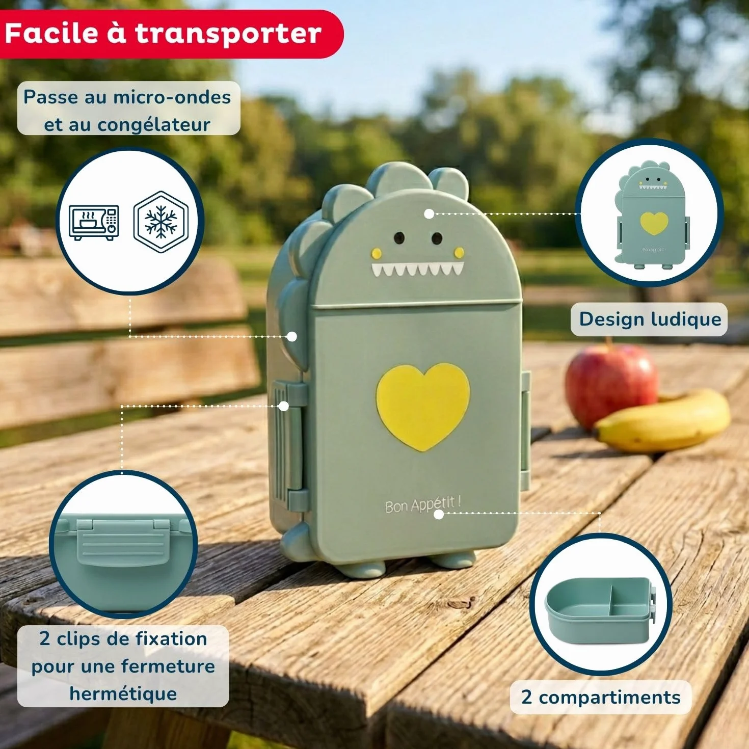 THERMOBABY Boîte à goûter Dino - Boîte repas enfant avec compartiments - Lunchbox - Sans BPA - Vert