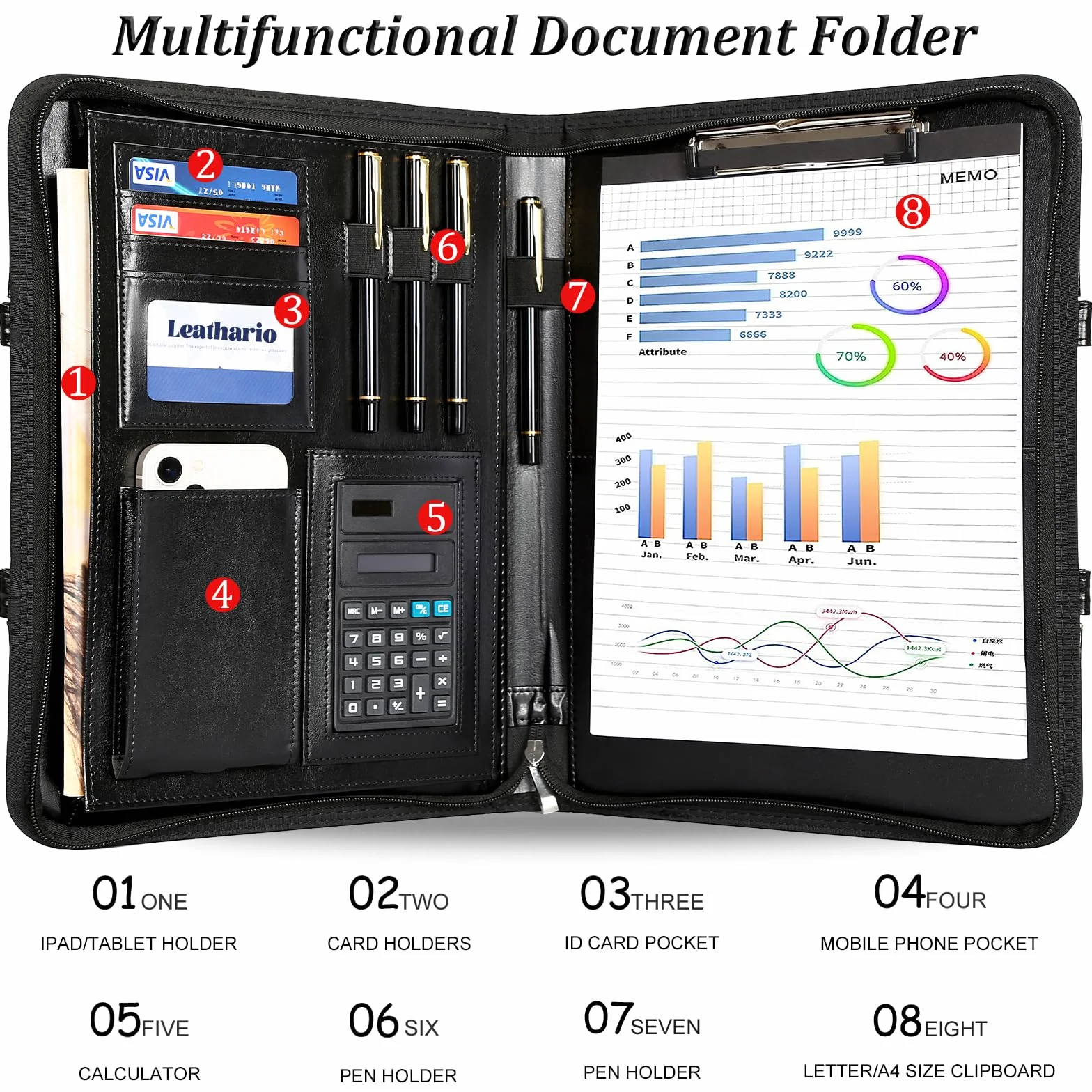 Porte Document A4 en Cuir Noir PU Leathario Portfolio Organiseur de Bureau