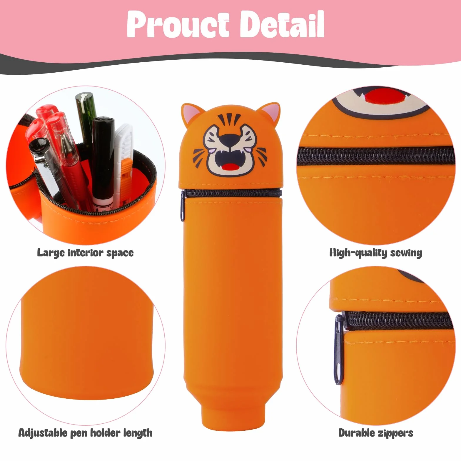 Trousse Scolaire en Silicone Télescopique Kawaii Tigre 2 en 1 avec Fermeture Eclair