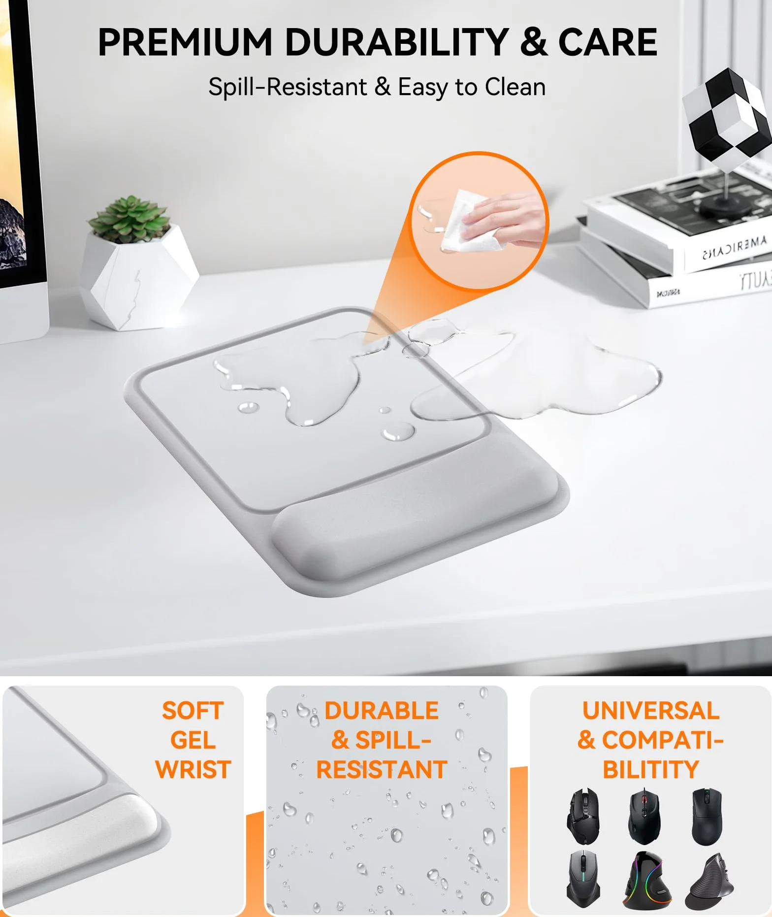 Tapis de Souris Ergonomique avec Repose-Poignet Creusé Gel, Base Antidérapante, Bureau & Gaming (Gris Clair)