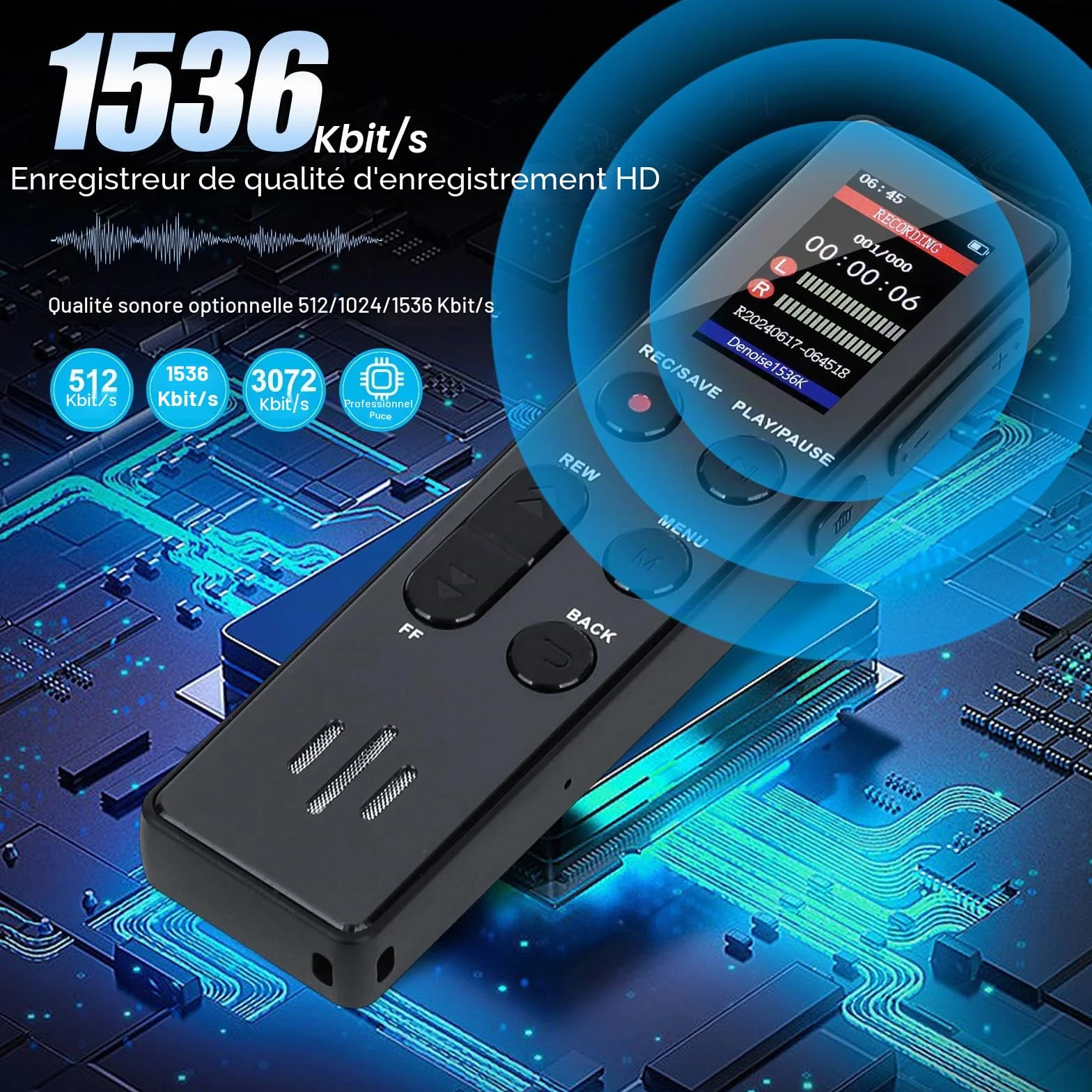 Enregistreur vocal numérique COVVY 64 Go portable avec lecture HD pour entretien cours réunion