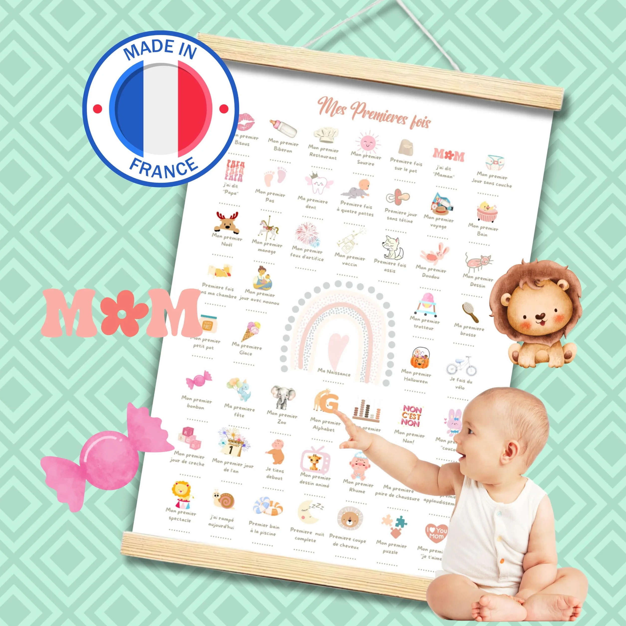 Affiche Souvenir Premières Étapes Bébé, 60 Moments Précieux, Papier Premium 350g