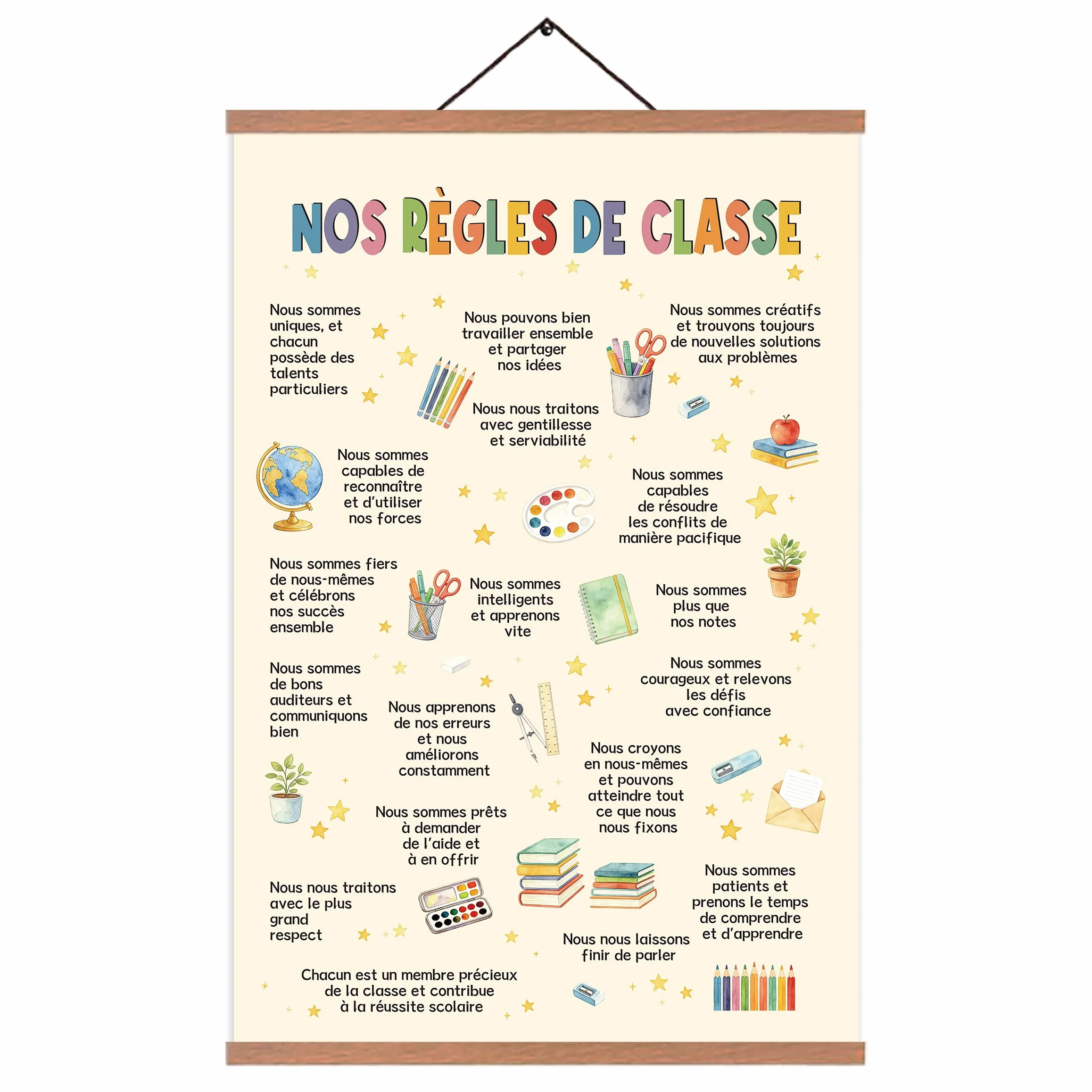 Affiche Règles de Classe A2 avec Porte-Affiche Aimanté en Teck, 40x60 cm Poster Toile Éducative pour École Primaire