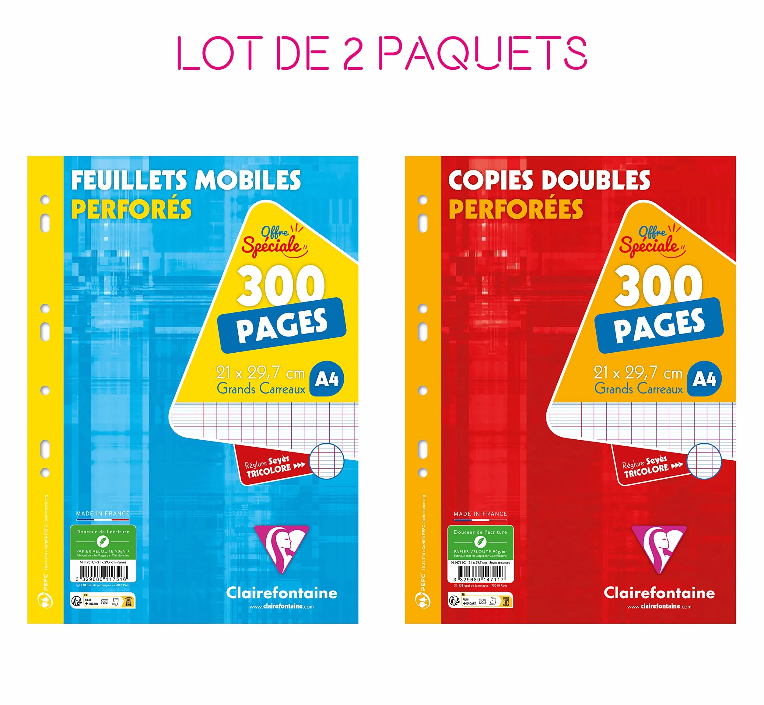 Clairefontaine Lot de 2 Paquets Copies Perforées A4 21x29,7 cm Grands Carreaux Papier Blanc 90 g 600 Pages
