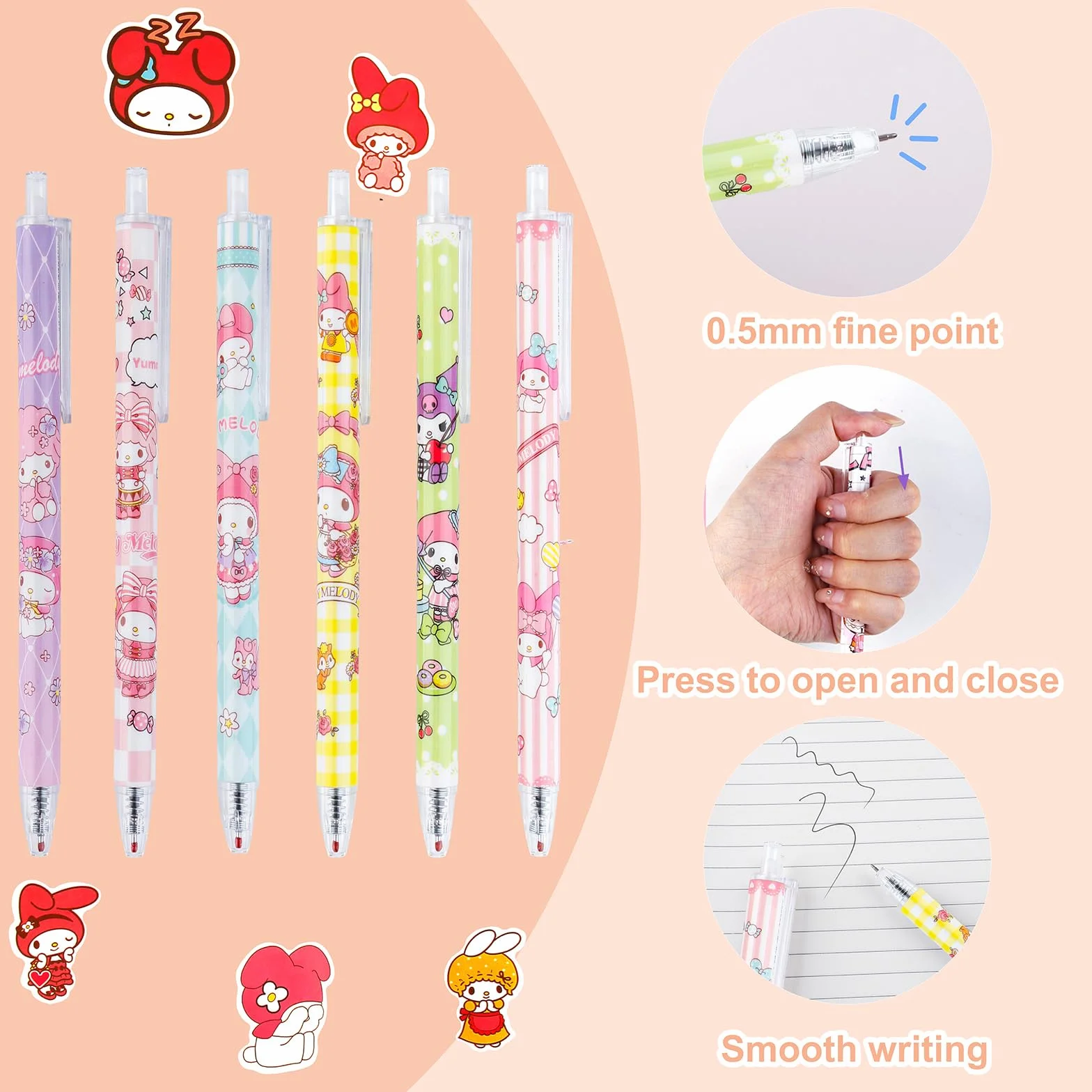 Ensemble Kawaii Mel-dy avec stylos, autocollants, trousse rose pour rentrée scolaire