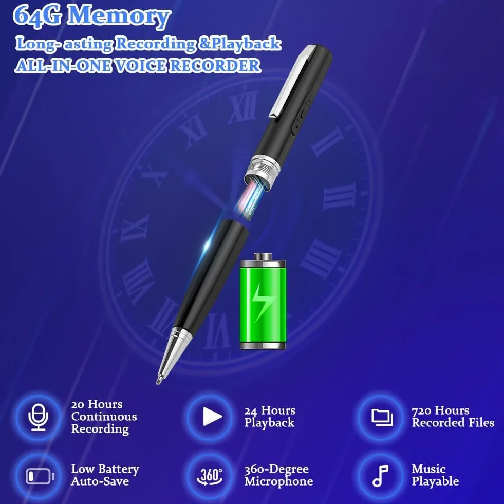 Ainiv Stylo Enregistreur 64 Go, Appareil d'Enregistrement Portable Audio HD, Enregistrement en Une Touche, Réduction de Bruit DSP
