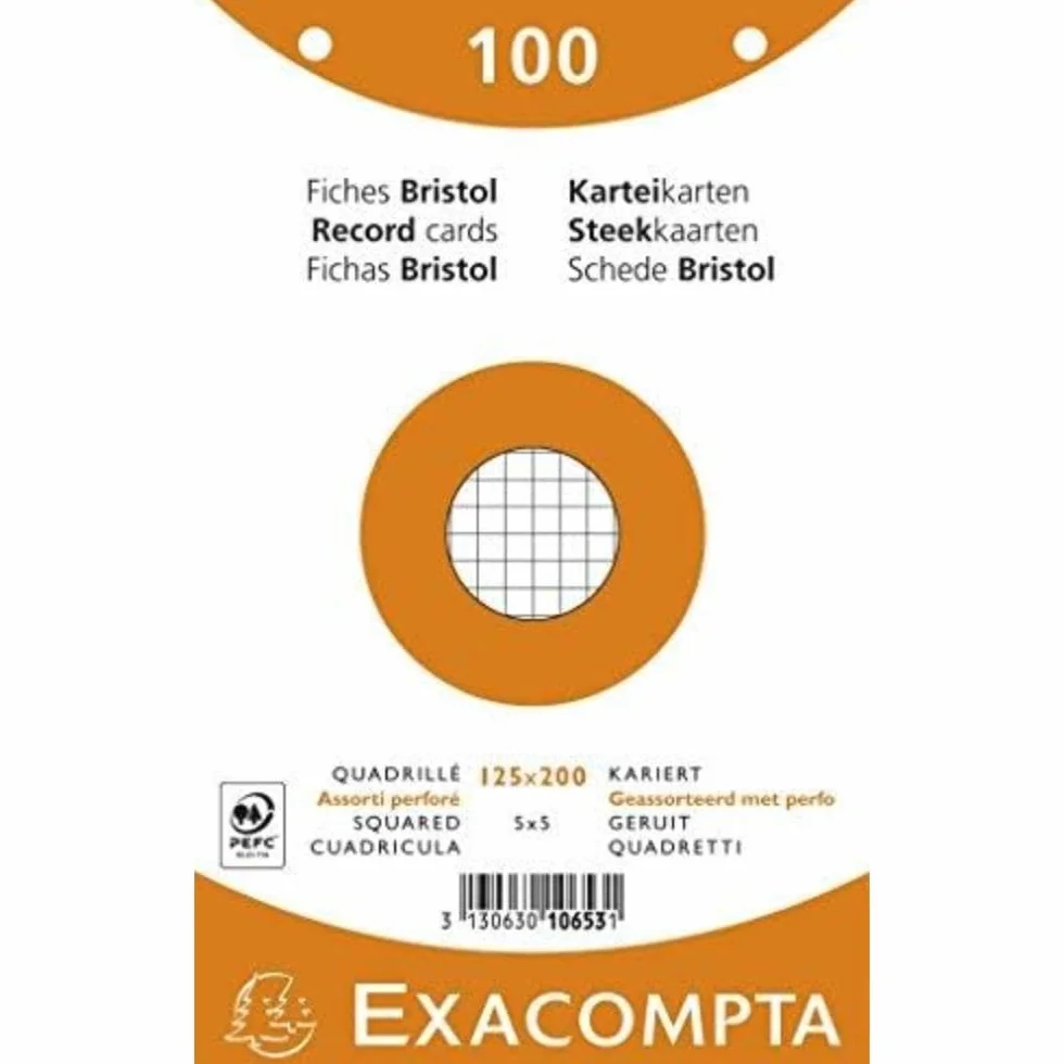 Exacompta Paquet de 100 fiches bristol quadrillées 5x5 perforées format 125x200 mm couleurs assorties