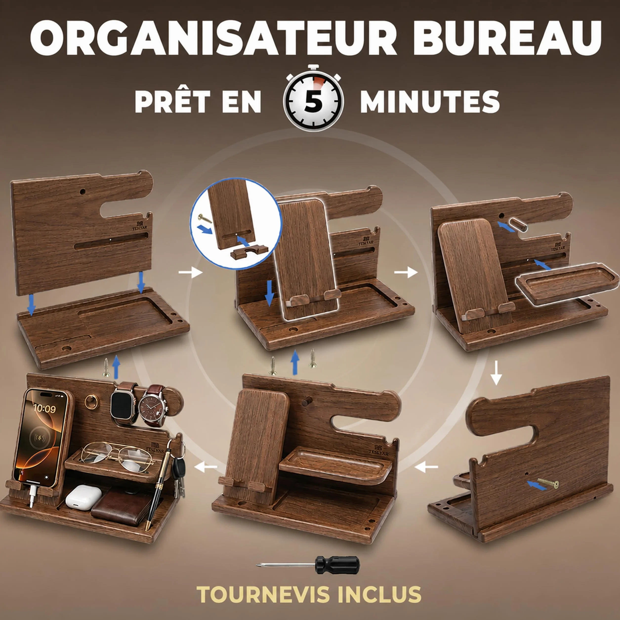 Organisateur de Bureau en Bois avec Support Téléphone et Montre, Station d’Accueil, Docking Station, Beige