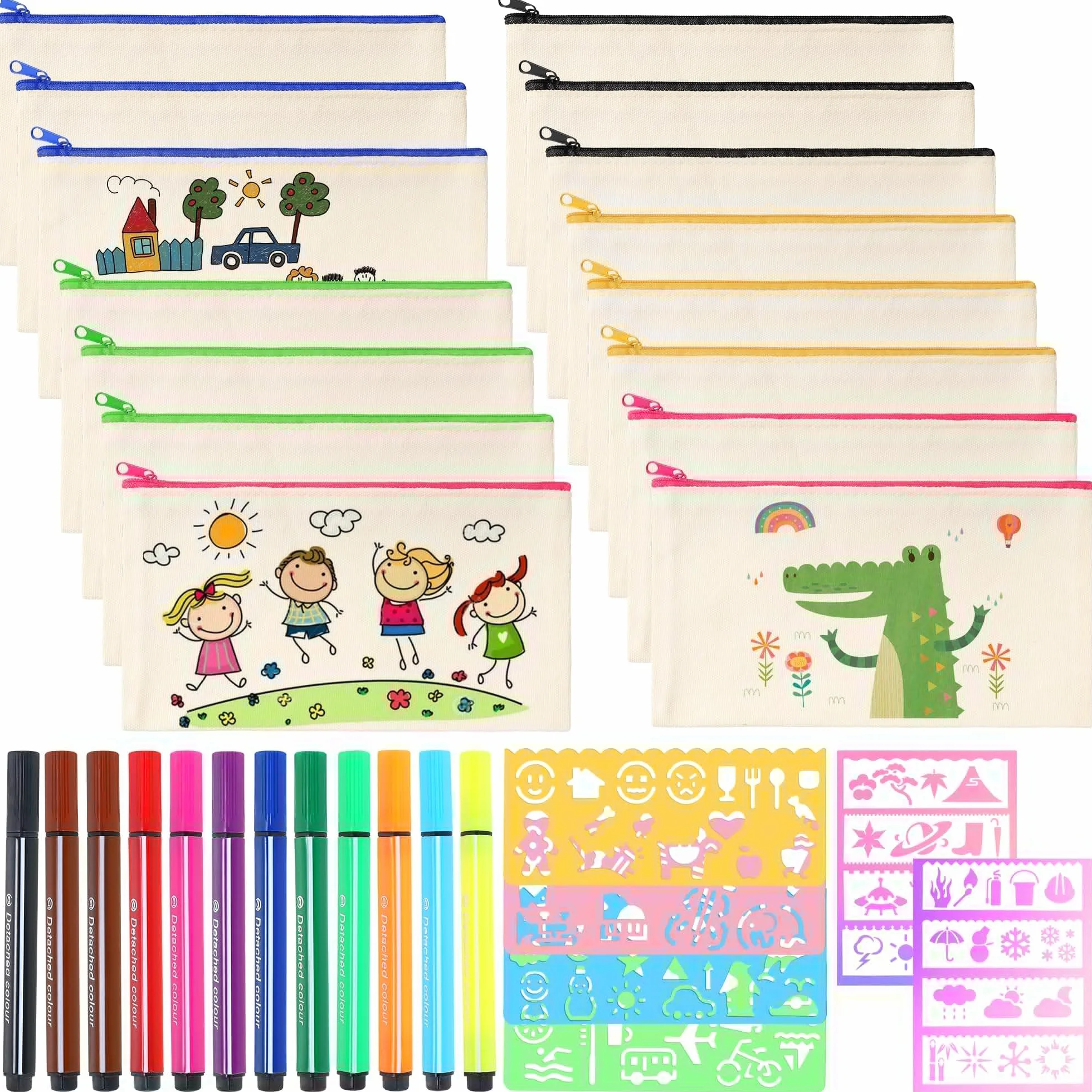 Pochette Tissu Zippée DIY 15 Pièces avec Crayons Aquarelle et Gabarits, 12x21cm, Vierge Toile Trousse de Rangement