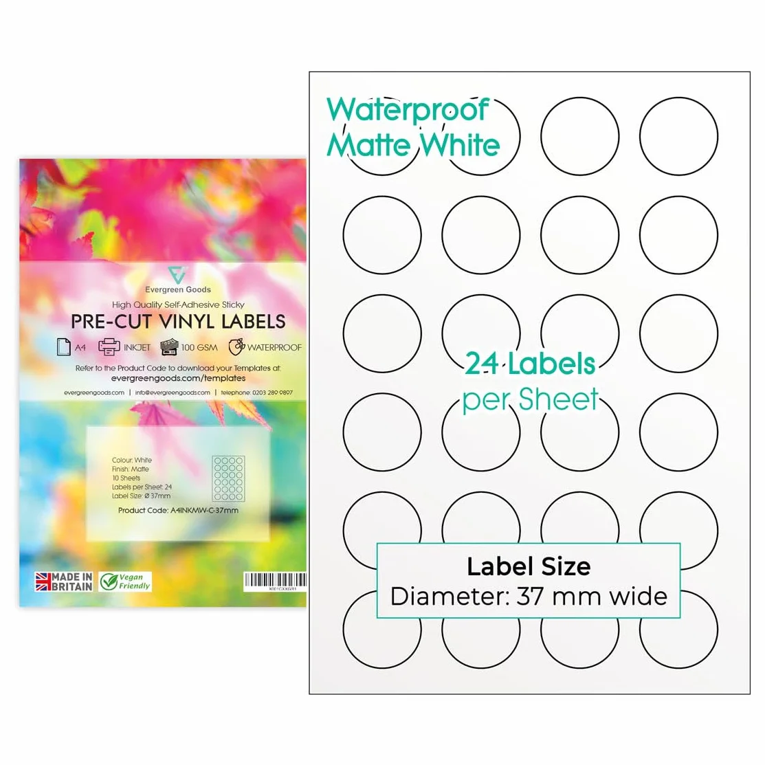 Evergreen Goods étiquettes rondes prédécoupées 37mm blanc mat imperméable 240 pièces 10 feuilles A4 impression jet d'encre laser