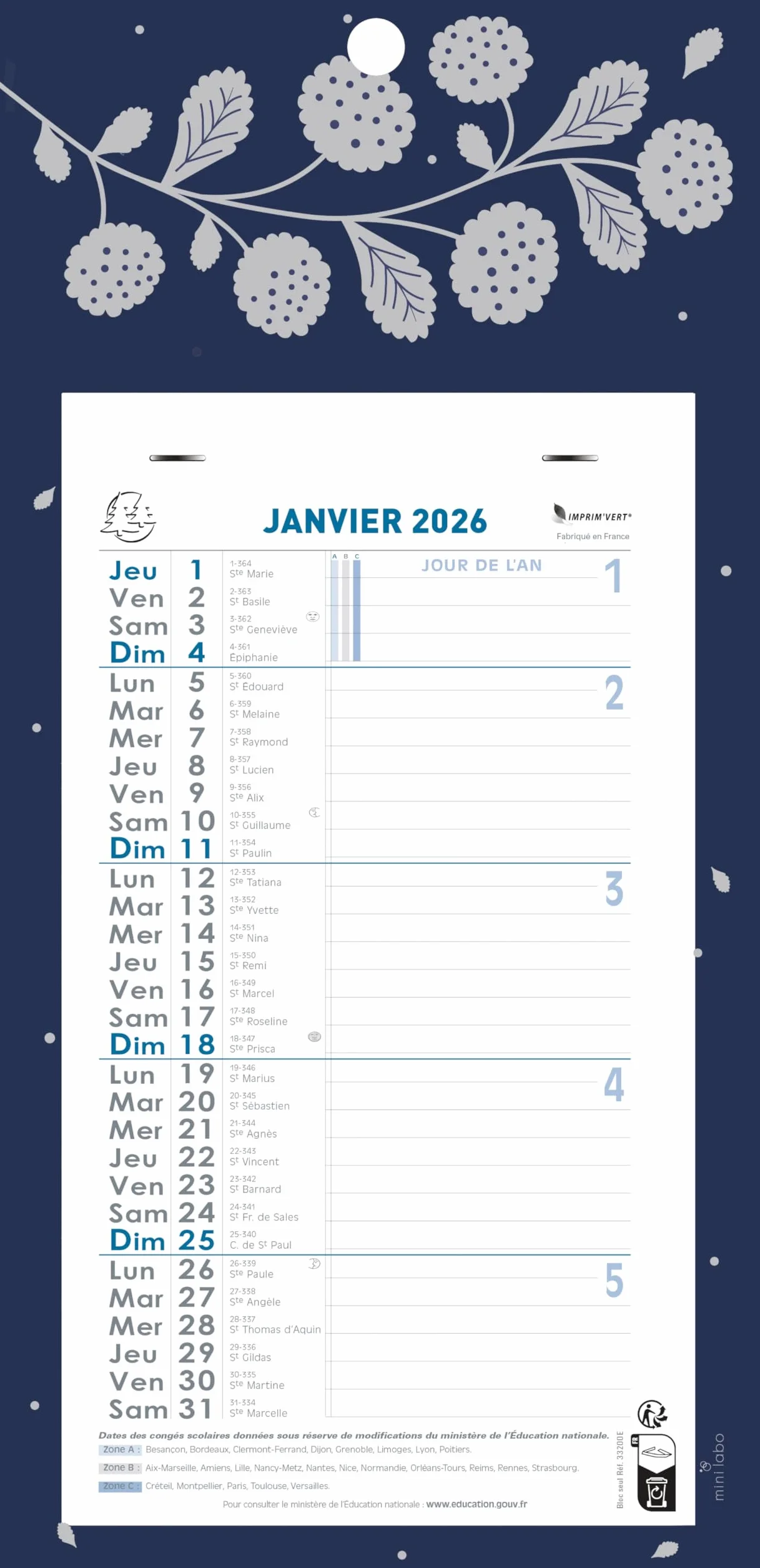 Exacompta Calendrier mensuel 2026 avec feuillets détachables 13 x 23 cm bleu