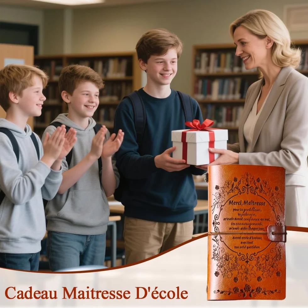 Cadeau Maitresse D'école, Journal de Cuir A6 12x20cm, Idée Cadeau Fin d'Année Noel pour Professeur Institutrice