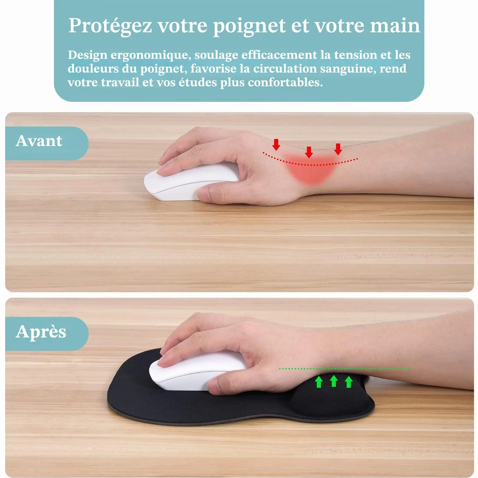 EooCoo Tapis de Souris Gaming avec Repose-Poignet Ergonomique, Surface Lisse, Base Antidérapante, Noir