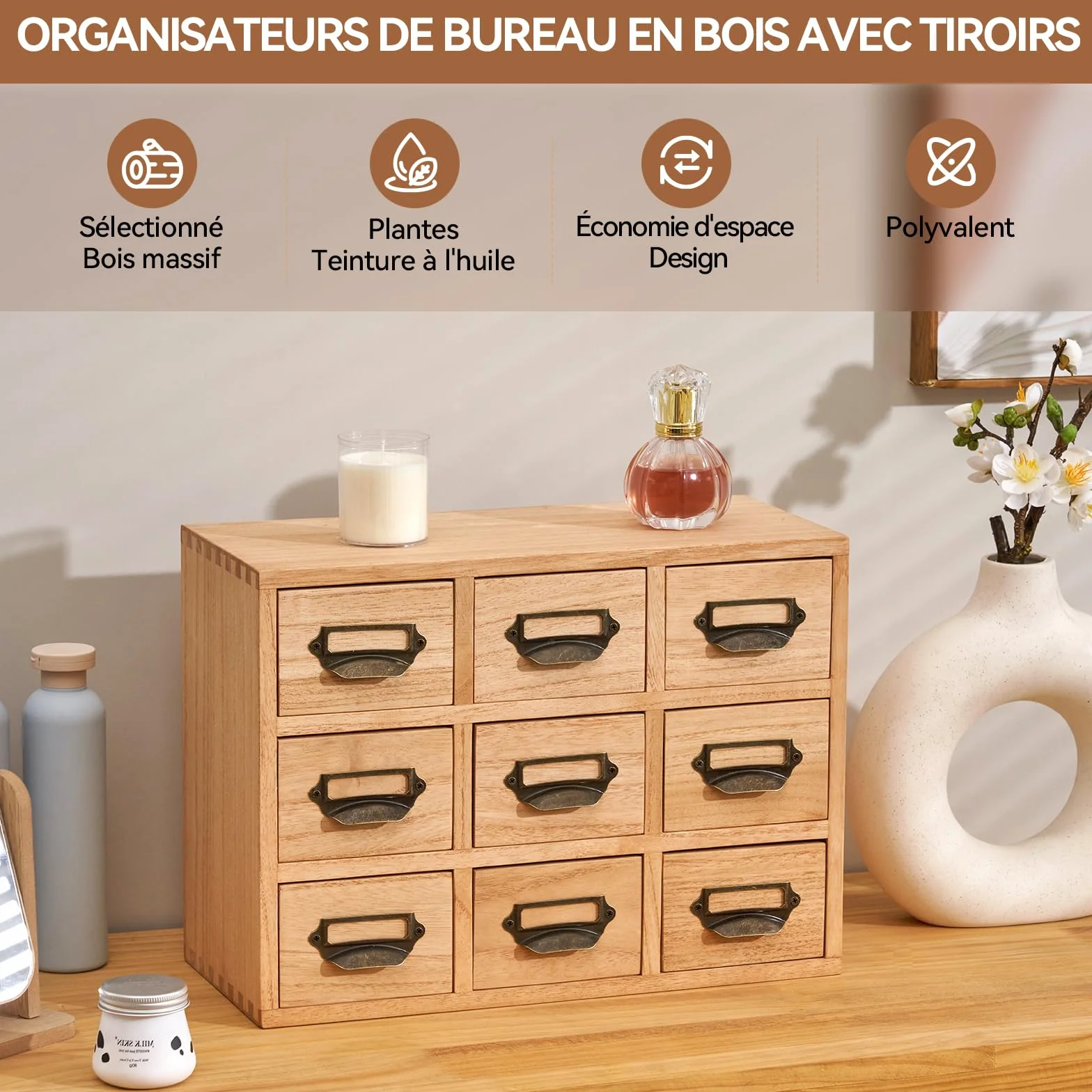 KIRIGEN Boîte de rangement en bois massif - Organisateur de bureau, tiroir multifonctionnel grande capacité