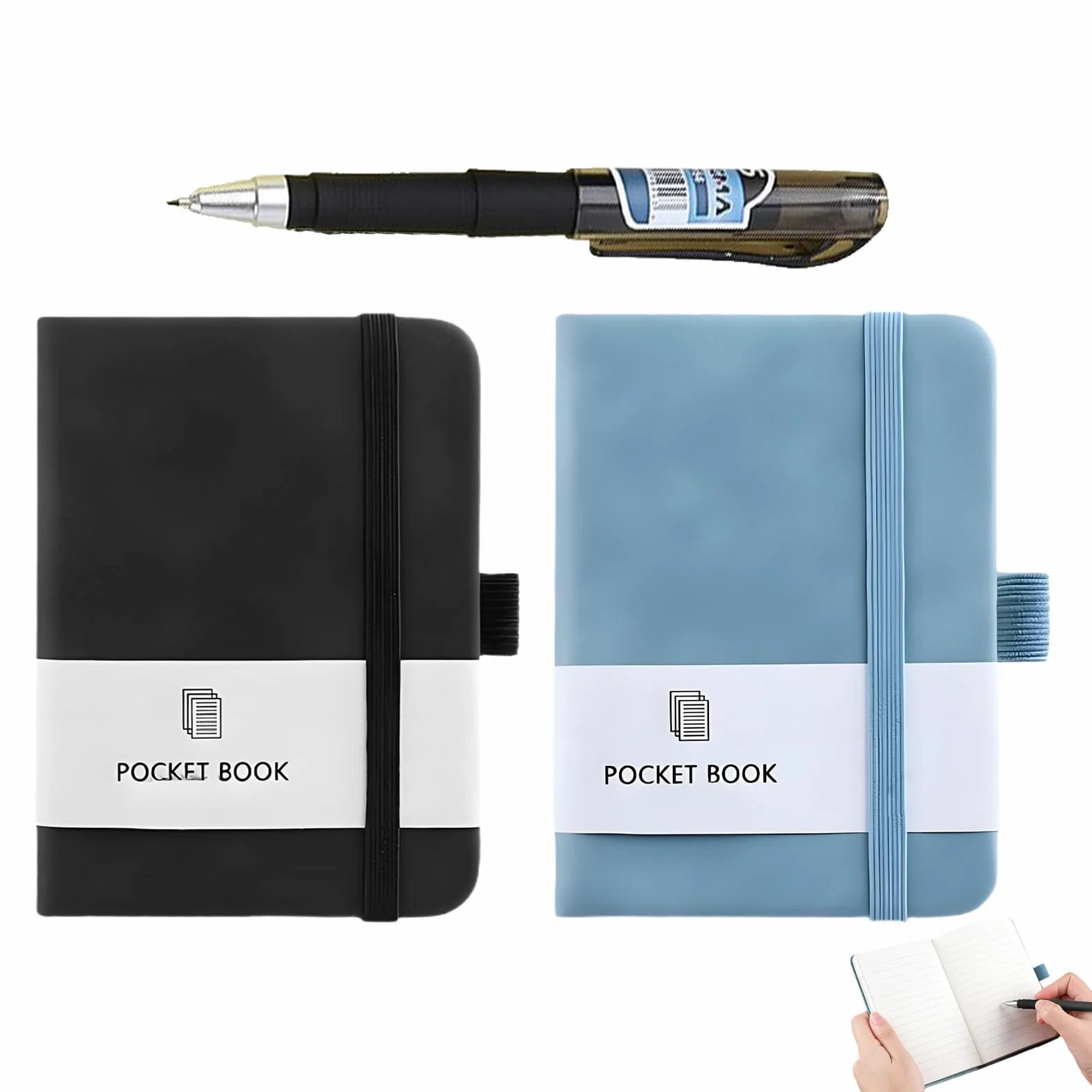 Carnets de notes A7 200 pages Lot de 2 Porte-stylo noir/bleu