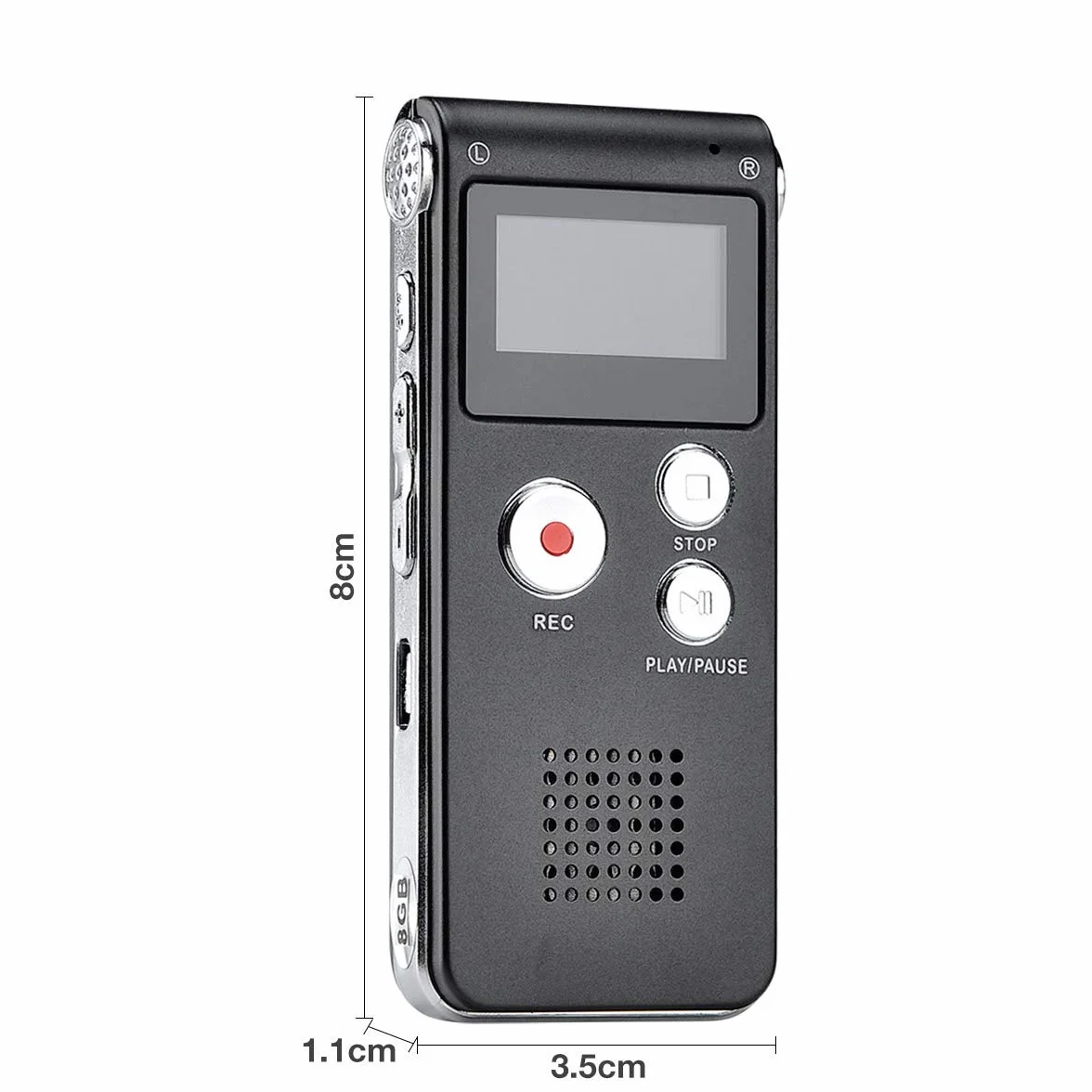 Lychee Dictaphone Enregistreur Vocal Numérique 8GO Portable, Lecteur MP3 Audio à Double Microphone Noir
