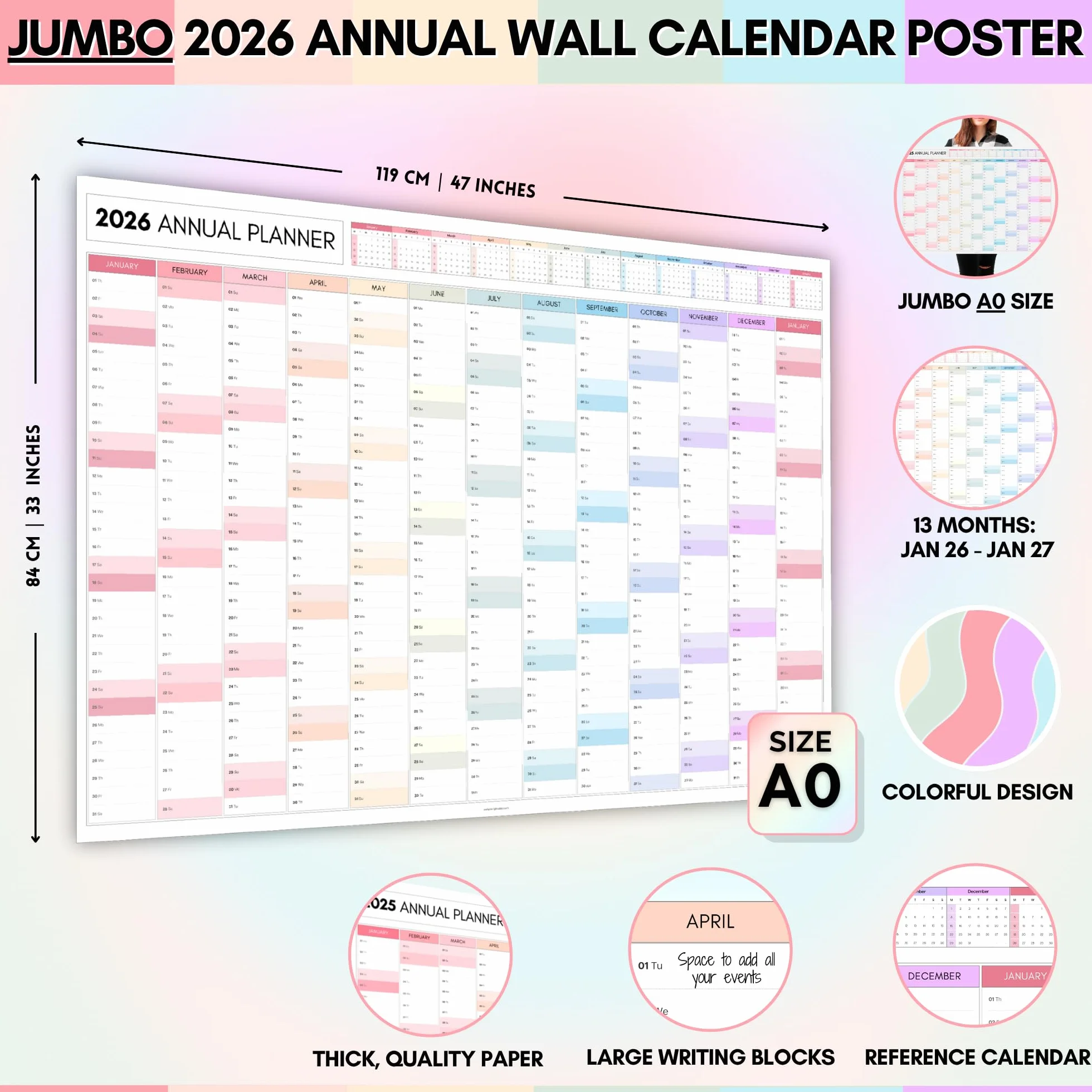 Planificateur mural mensuel géant 2026 A0 119 x 84 cm double face calendrier annuel organiseur bureau école