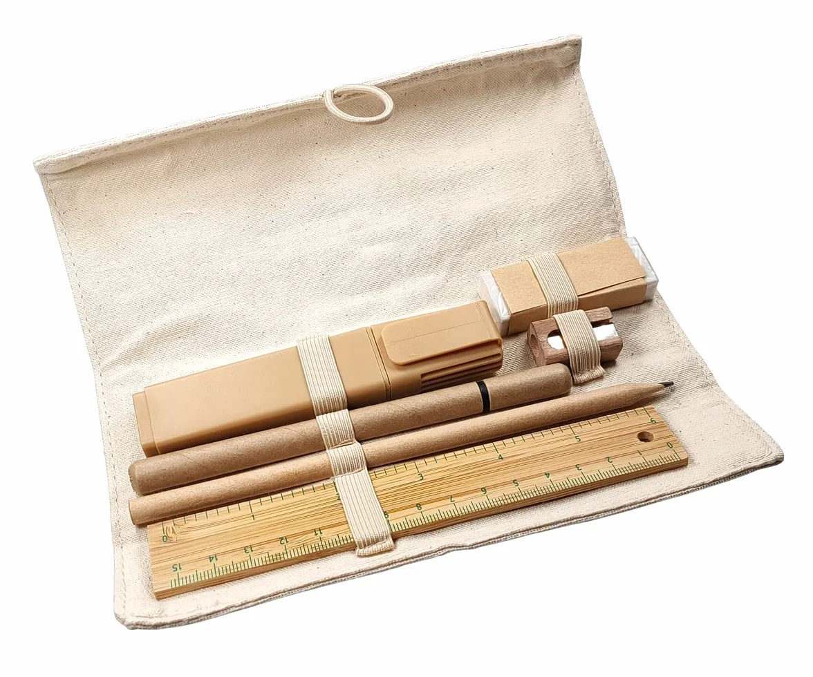 Set Écriture ECO Kit Étiquette Lin Carton Bambou Étui Enroulable Effacement Règle Crayon Stylo Temperamatite Caoutchouc Marqueur