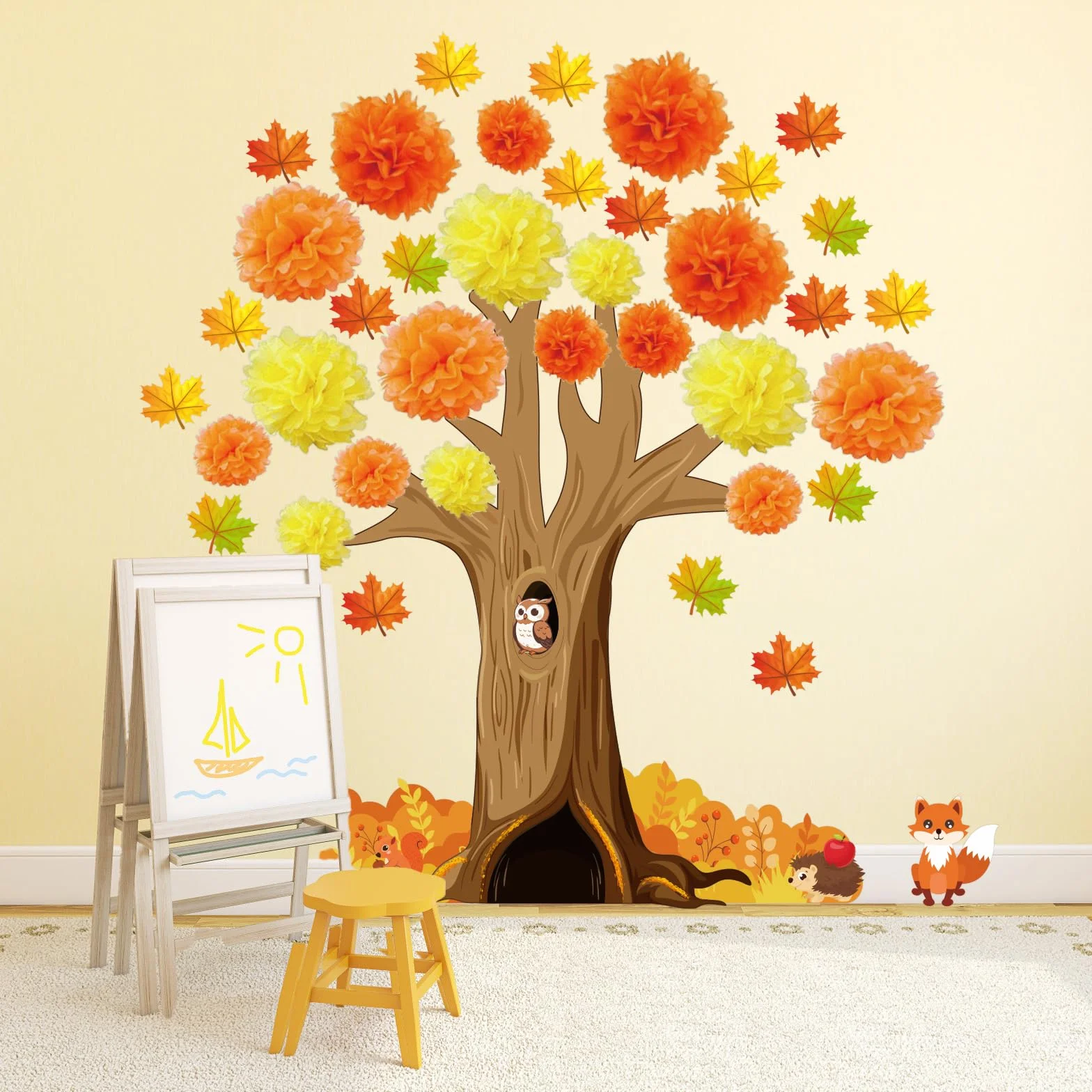 Décoration Murale d'Automne Motif Arbre Feuilles d'Erable pour Fenêtre Tableau Noir Salle de Classe
