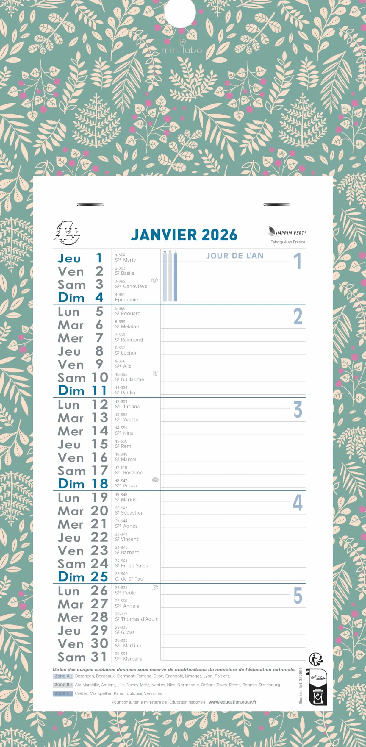 Exacompta 33118E Calendrier mensuel Mini Labo 15,5 x 28,5 cm 2026
