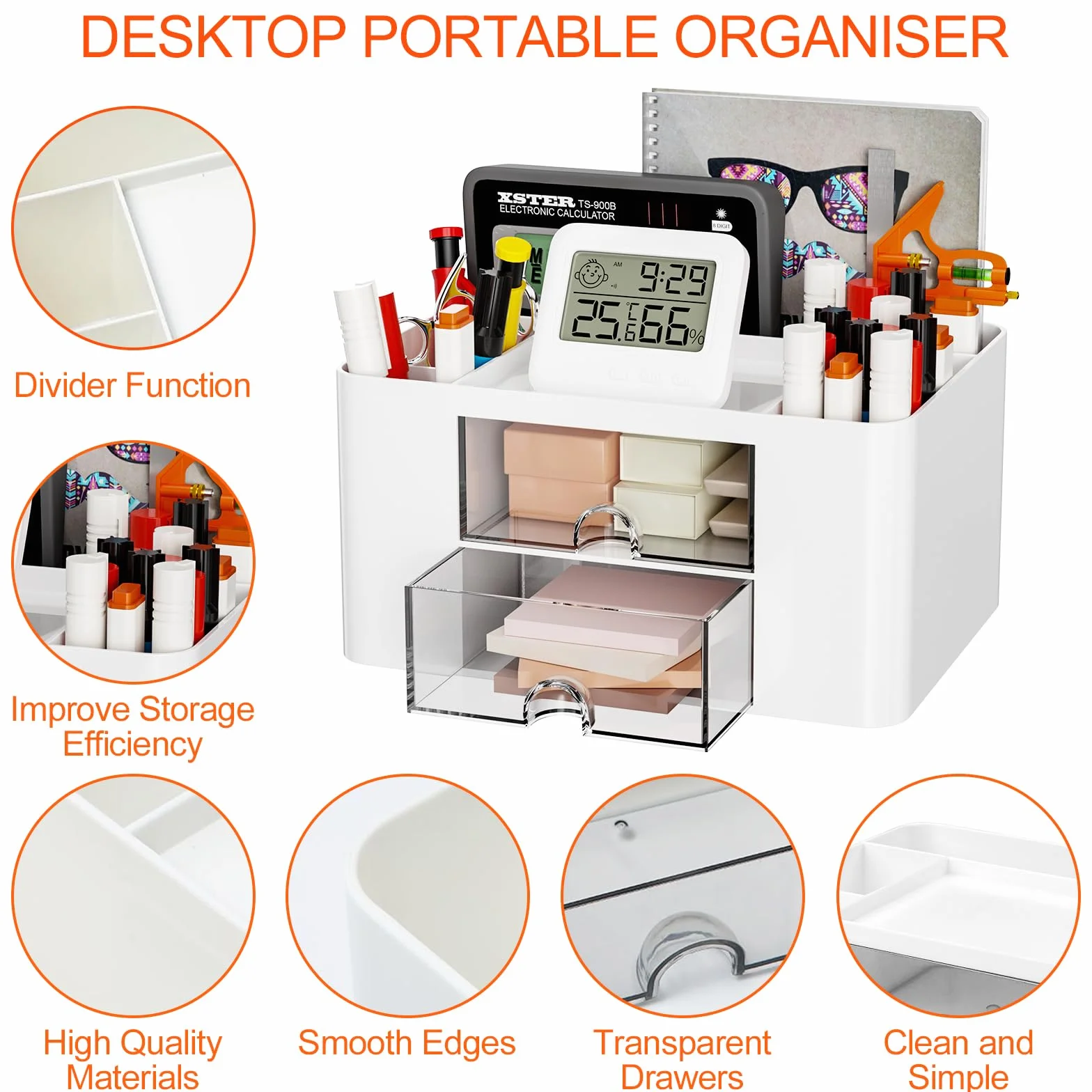 Organisateur de Bureau en Plastique avec 5 Compartiments & 2 Tiroir, Multifonction, Blanc