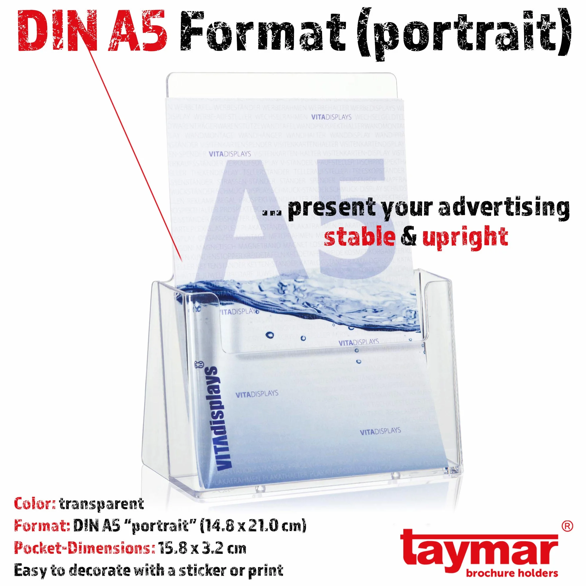 Taymar Présentoir à prospectus Porte-brochures Format DIN long Lot de 5 Format A5 Transparent