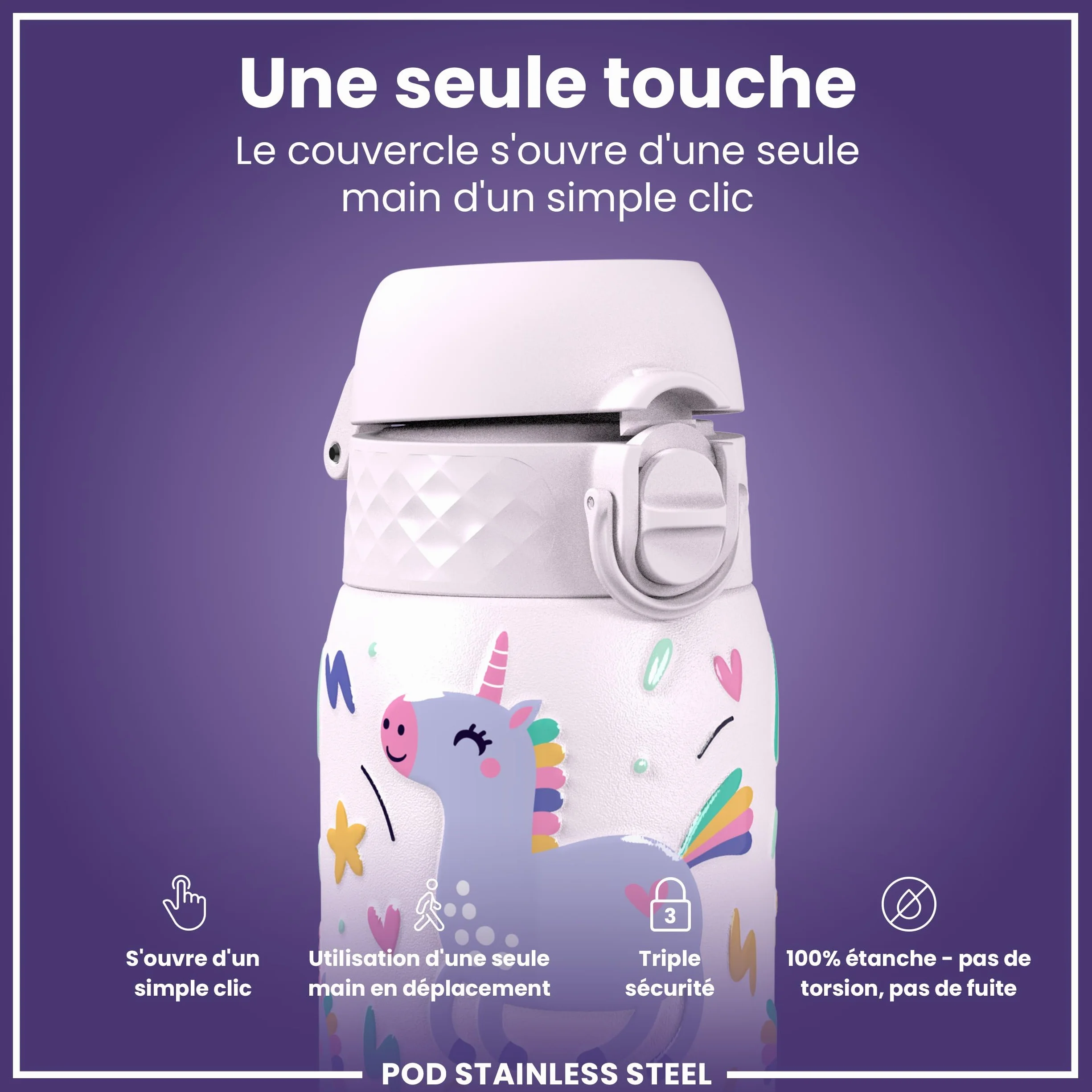ION8 Gourde Enfant Anti-Fuite Verrouillage Sécurisé Lavable Lave-Vaisselle Motif Licornes