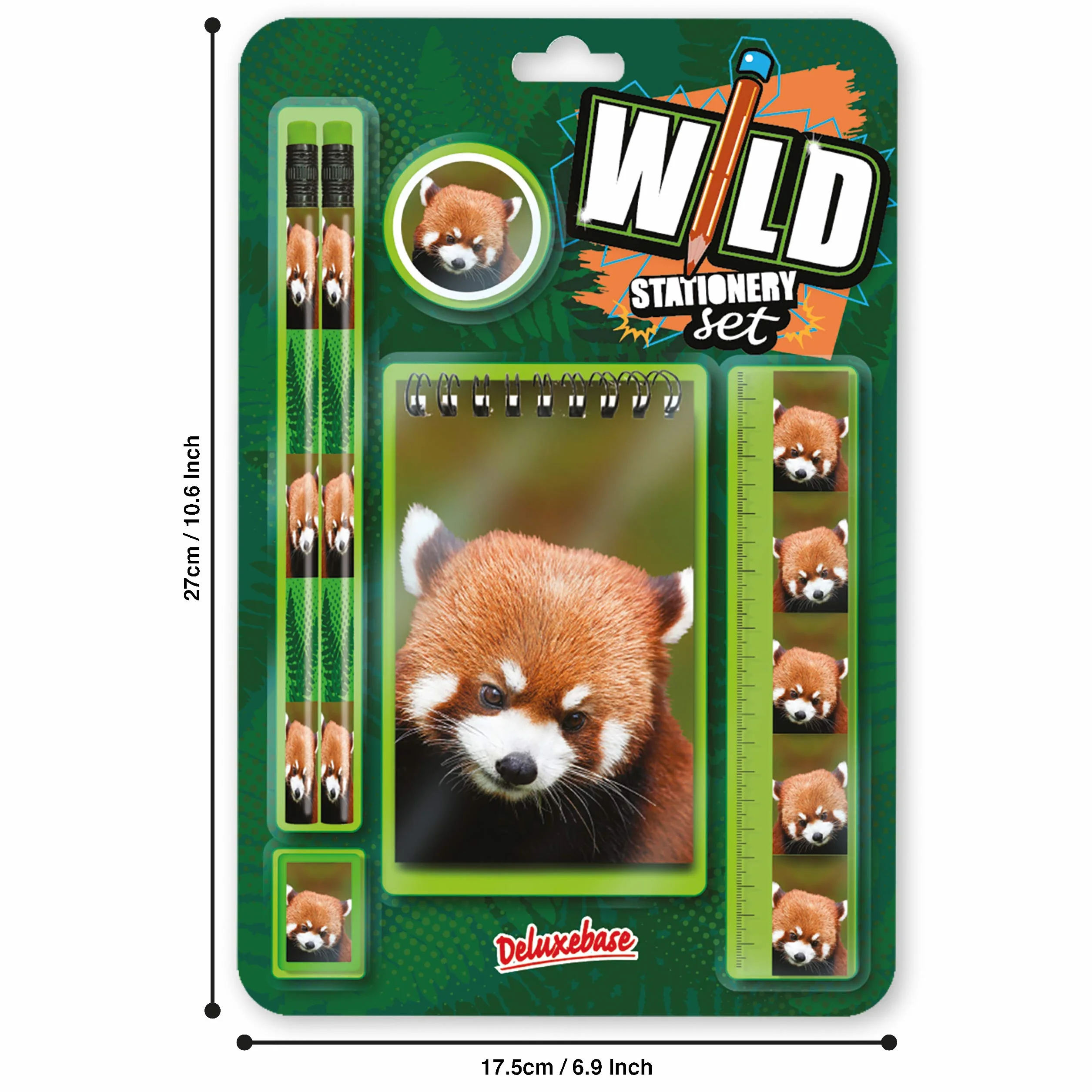 Deluxebase Wild Stationery Set Panda Roux - Kit Fournitures Scolaires avec Crayons, Gomme, Taille-Crayon, Règle, Cahier