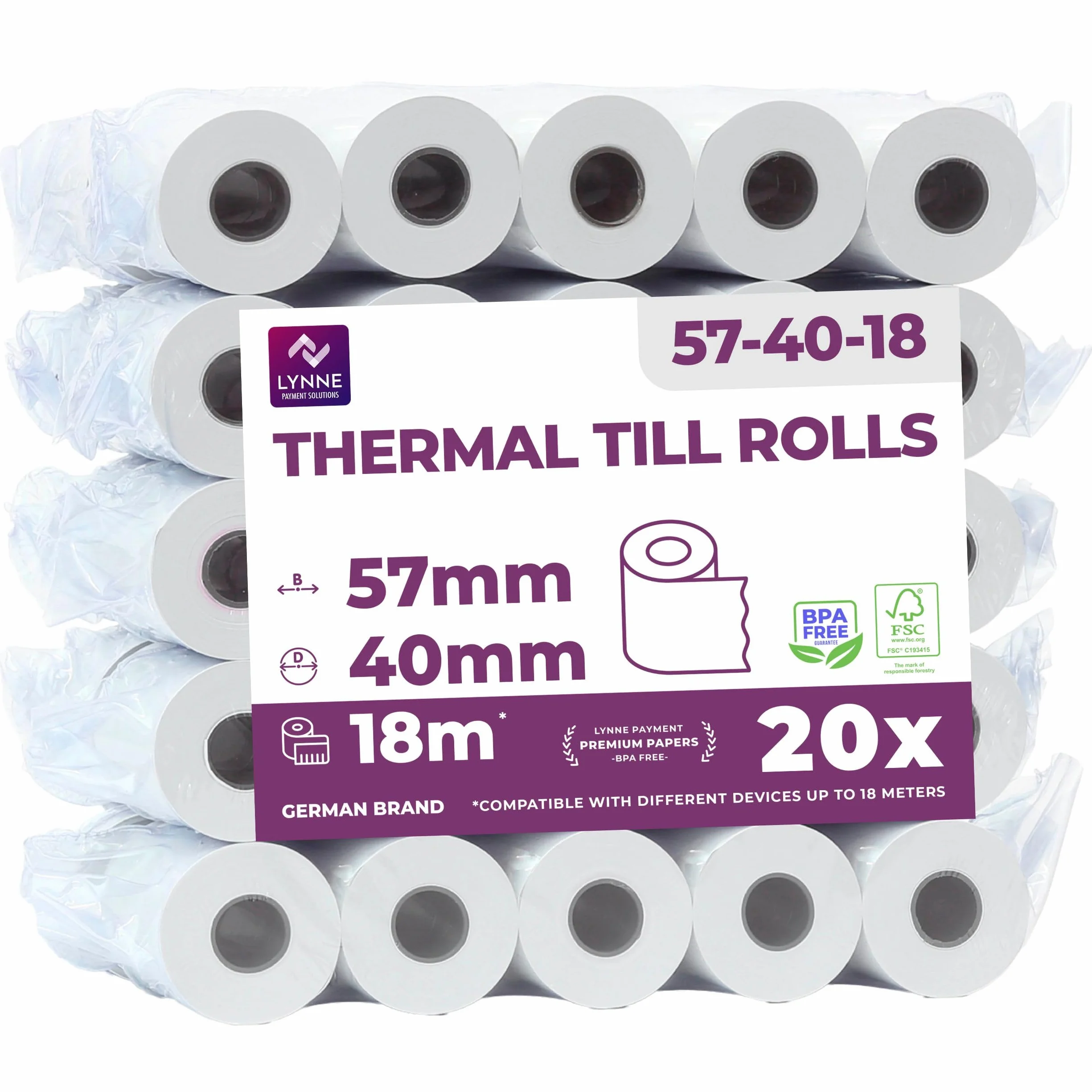 Rouleau TPE Carte Bancaire 57x40x12 Bobine papier thermique 57mm x 18m x 12mm sans BPA