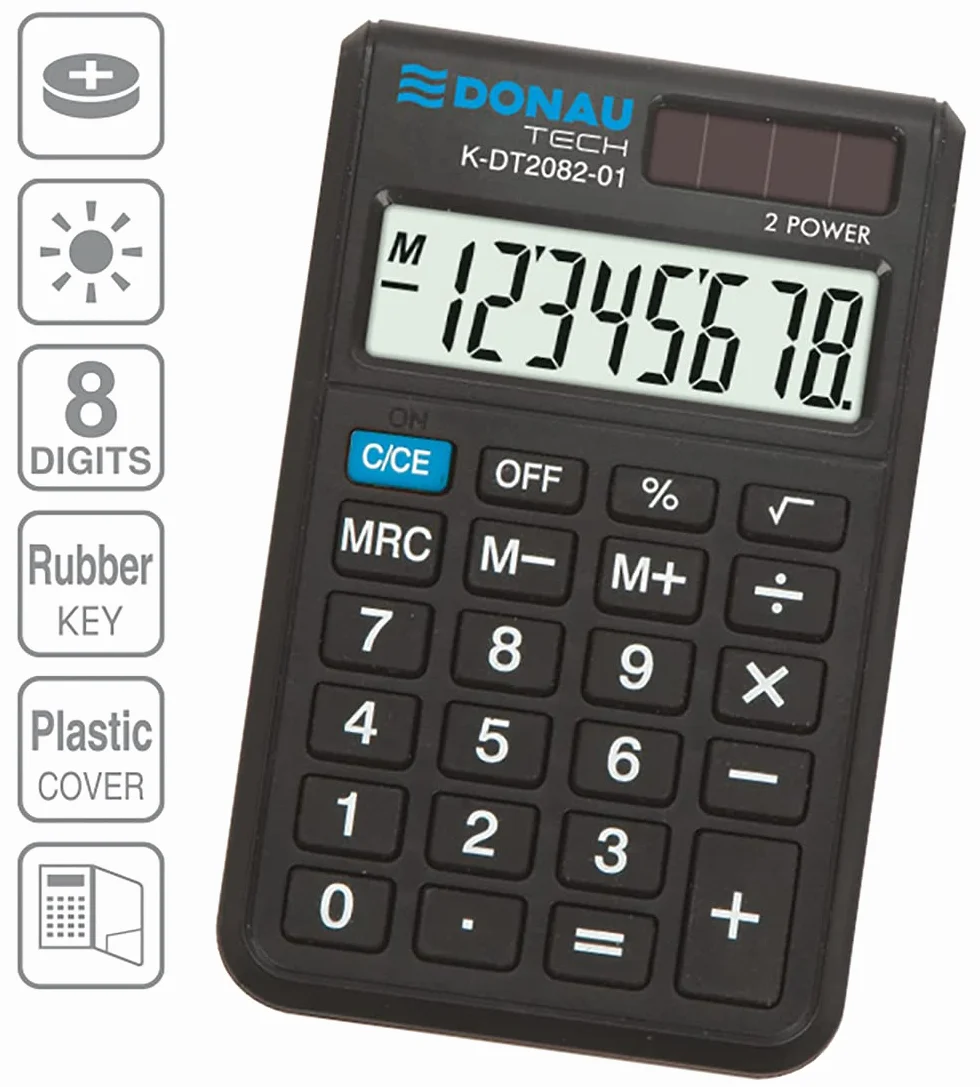 Calculatrice de Poche DONAU Tech K-DT2082-01 8 Chiffres Double Alimentation Design Compact Noir 97x60x11mm