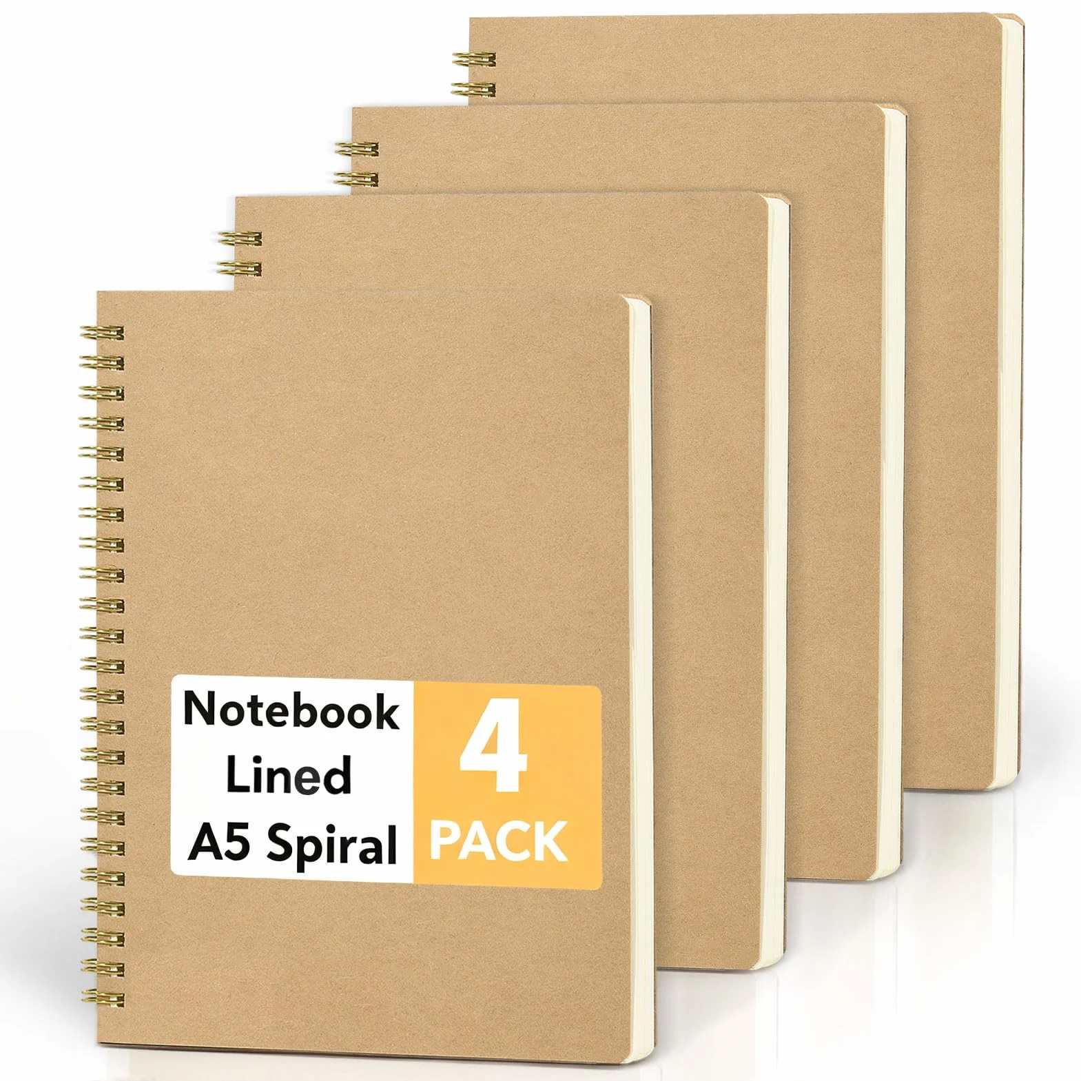 Cahier Spirale A5 Lot de 4 - Carnet de Notes Ligné 160 Pages Papier 80g Couverture Kraft
