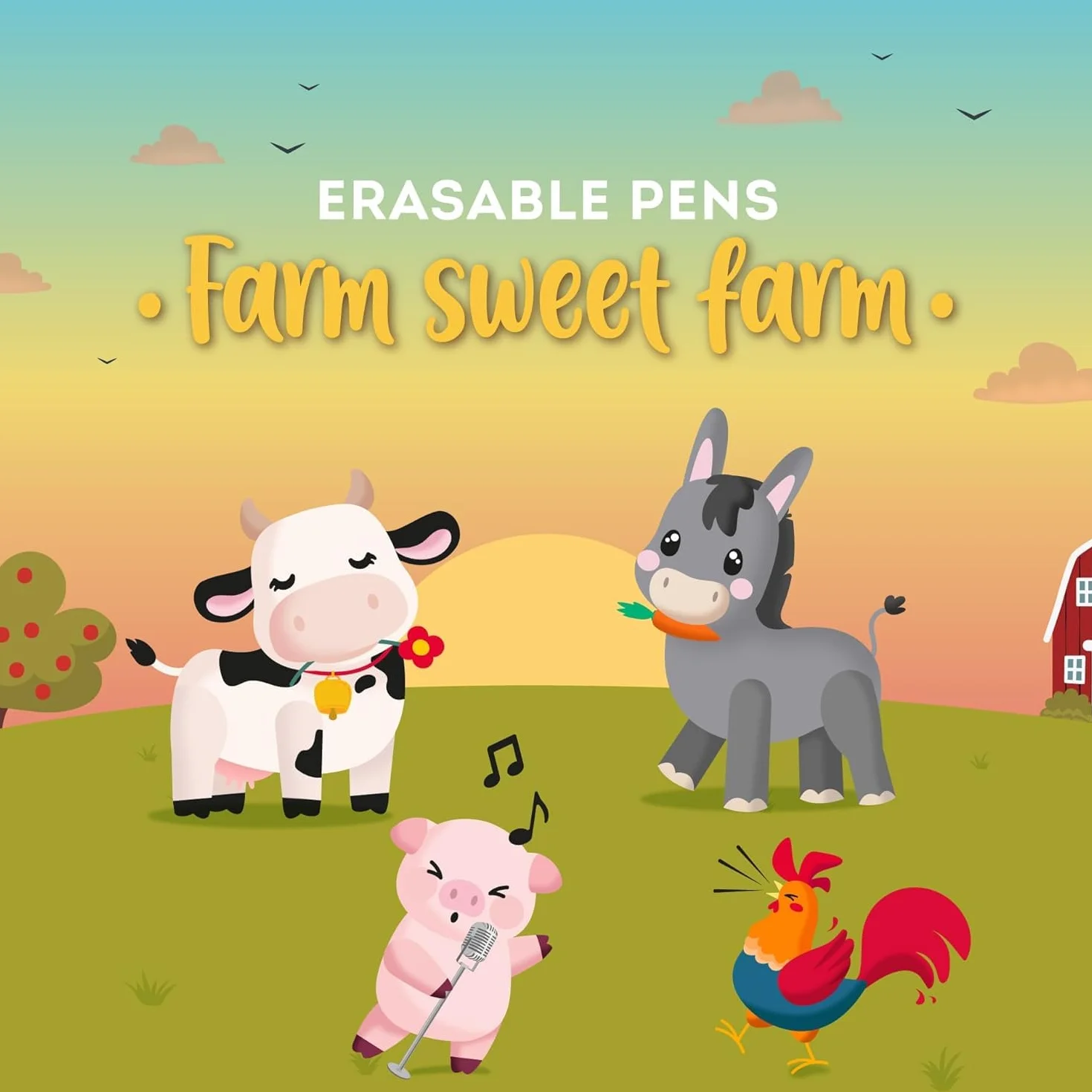 LEGAMI Set of 4 Farm Sweet Farm Erasable Gel Pens 0.7 mm Black Pink Green Red