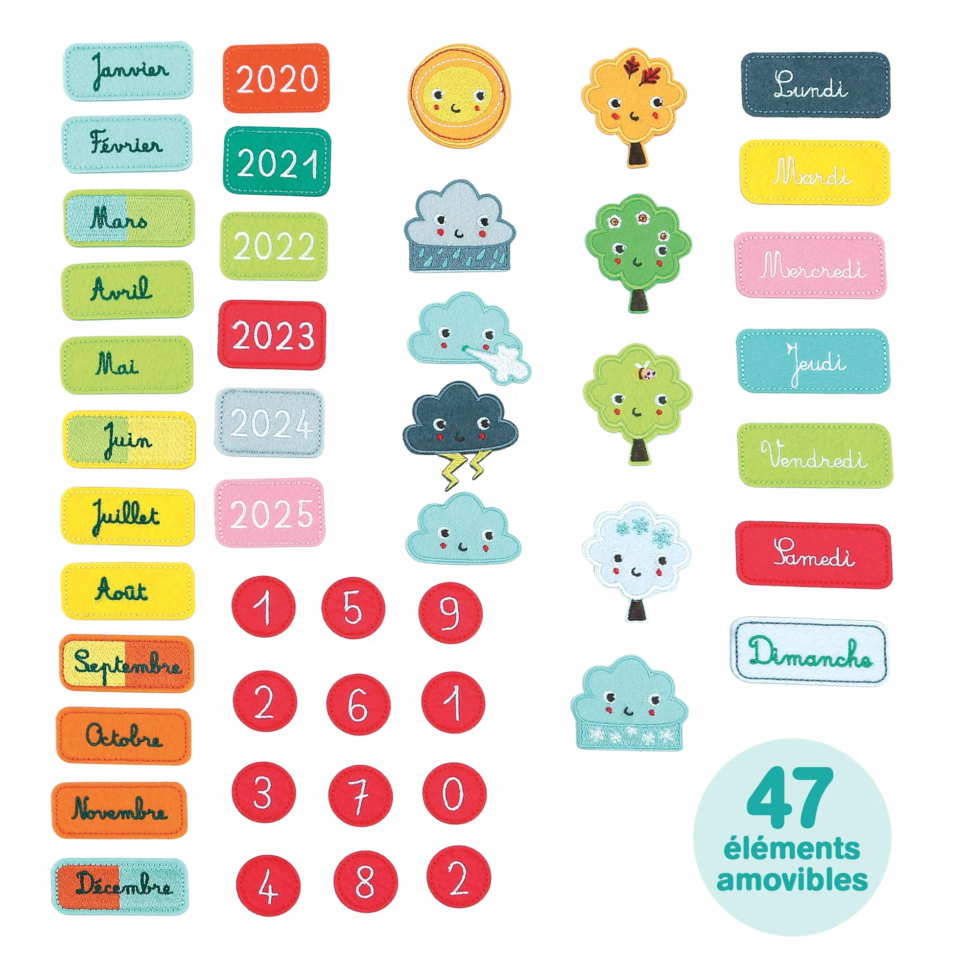 LUDI Calendrier éducatif bleu en tissu brodé 45 étiquettes amovibles à scratch 40 x 53 cm dès 3 ans