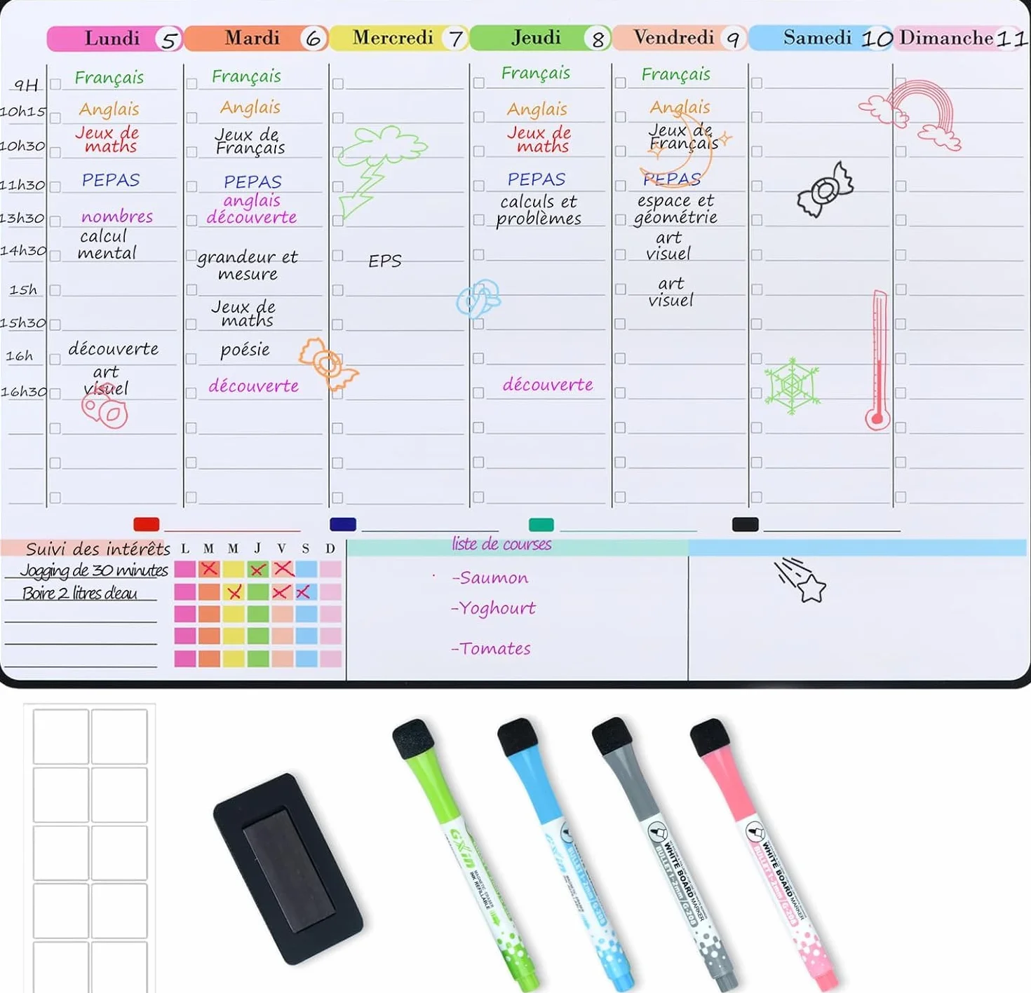 POPRUN Tableau Blanc Effaçable Magnétique 42×28 cm, Calendrier Frigo Planning Semaine Organisateur Hebdomadaire
