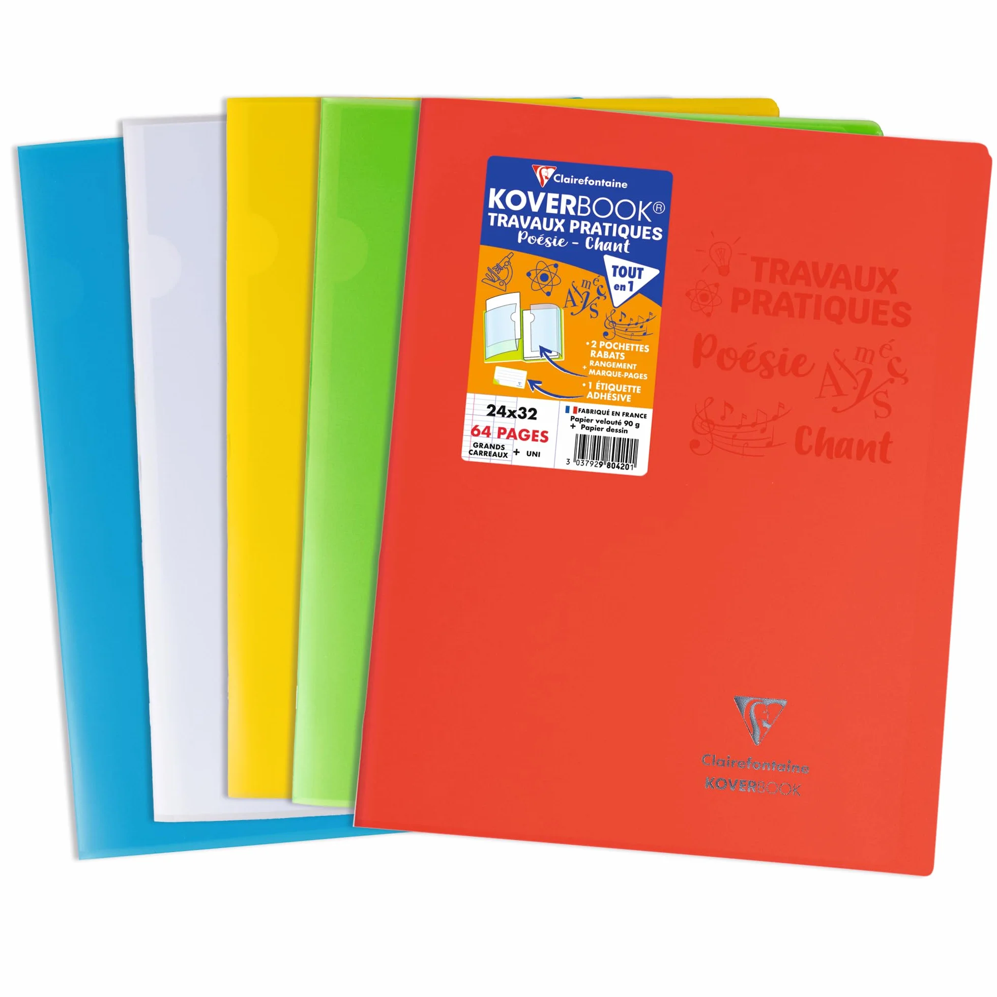 Clairefontaine 980420C Cahier Travaux Pratiques Koverbook 64 Pages Grands Carreaux 90g Unies Blanches 125g 24x32 cm Couverture Polypro Agrafé Couleur Aléatoire
